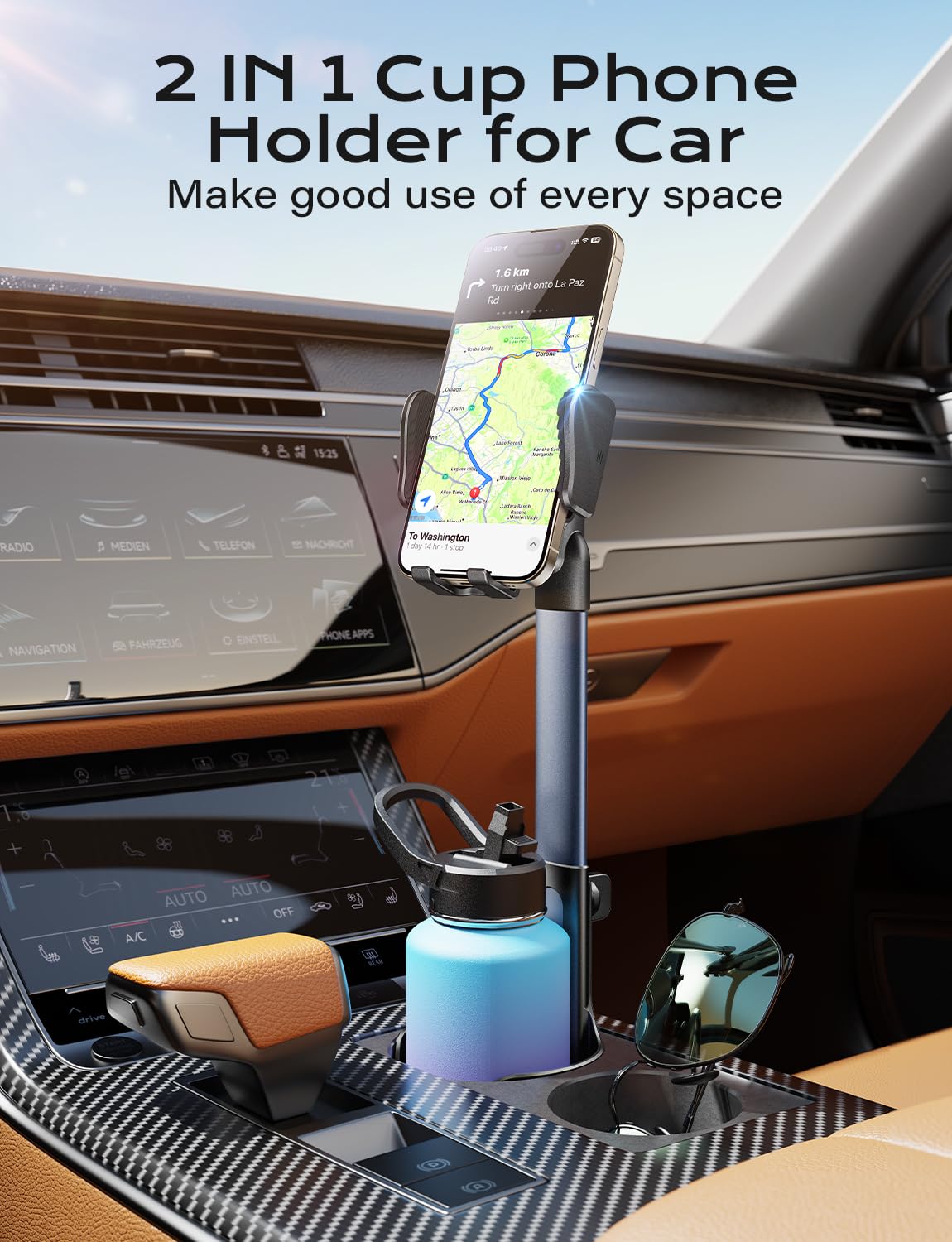 2 in 1 Car Cup Holder & Phone Mount - Universal Aluminum Alloy Car Phone Holder for 2.5-4