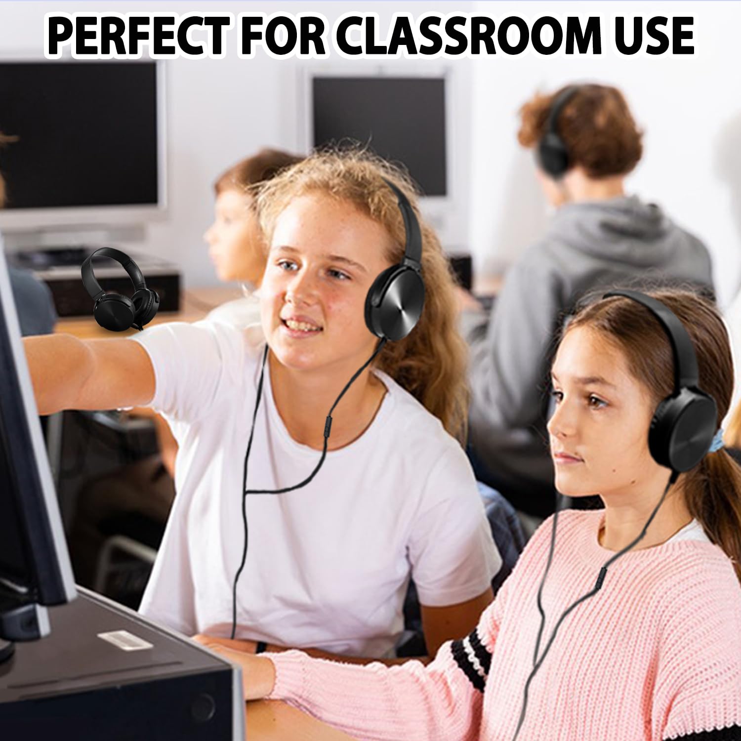 24 Pack Bulk Classroom Headphones with Microphone - Durable Wired Headsets for Kids, Students & Adults - School, Online Learning, Computer Lab & Home Use (Black, 24 Pack)