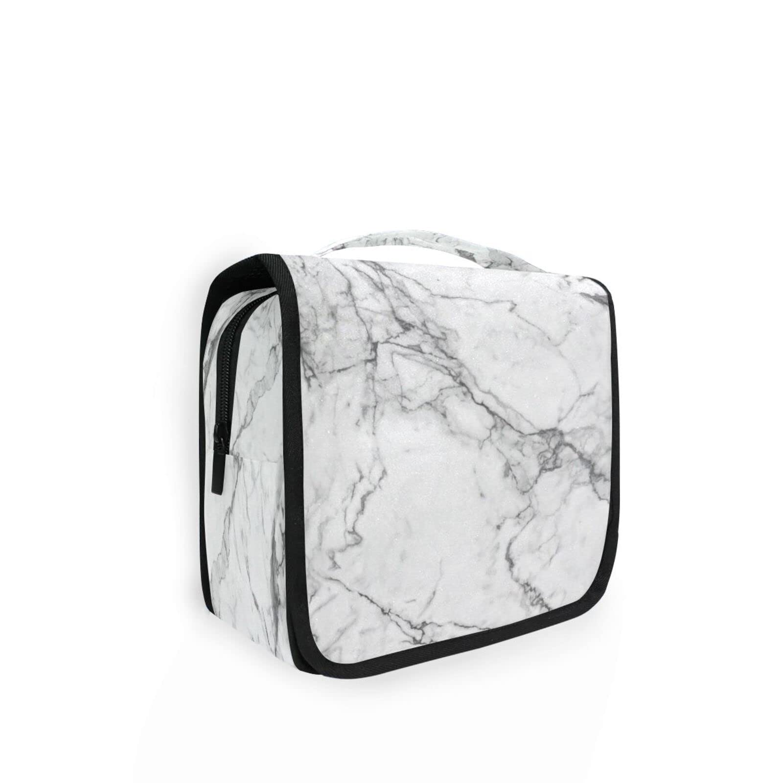 White Marble Hanging Toiletry Bag - Travel Cosmetic Organizer with Hook for Women & Men | Portable Makeup Case for Bathroom, Gym & Vacation