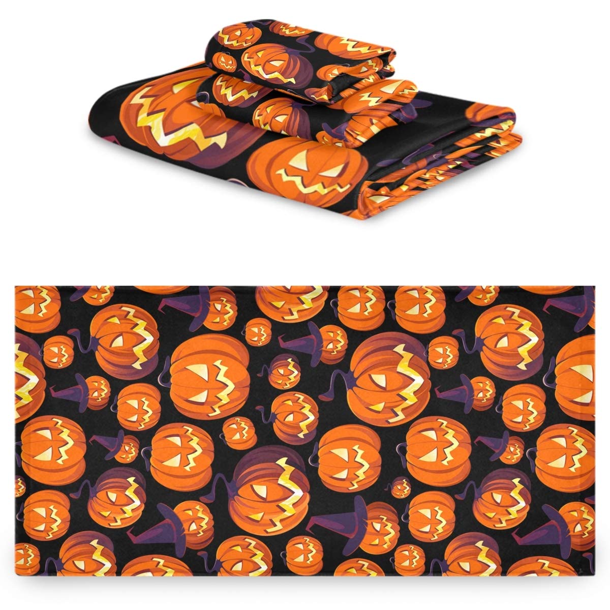 Halloween Pumpkin Floral Pattern Luxury Bath Towel Set - 1 Bath Towel, 1 Hand Towel & 1 Washcloth - Soft Absorbent Cotton for Bathroom, Spa, Hotel & Gym - Perfect for Fall Decor, Thanksgiving & Cozy Home Decor