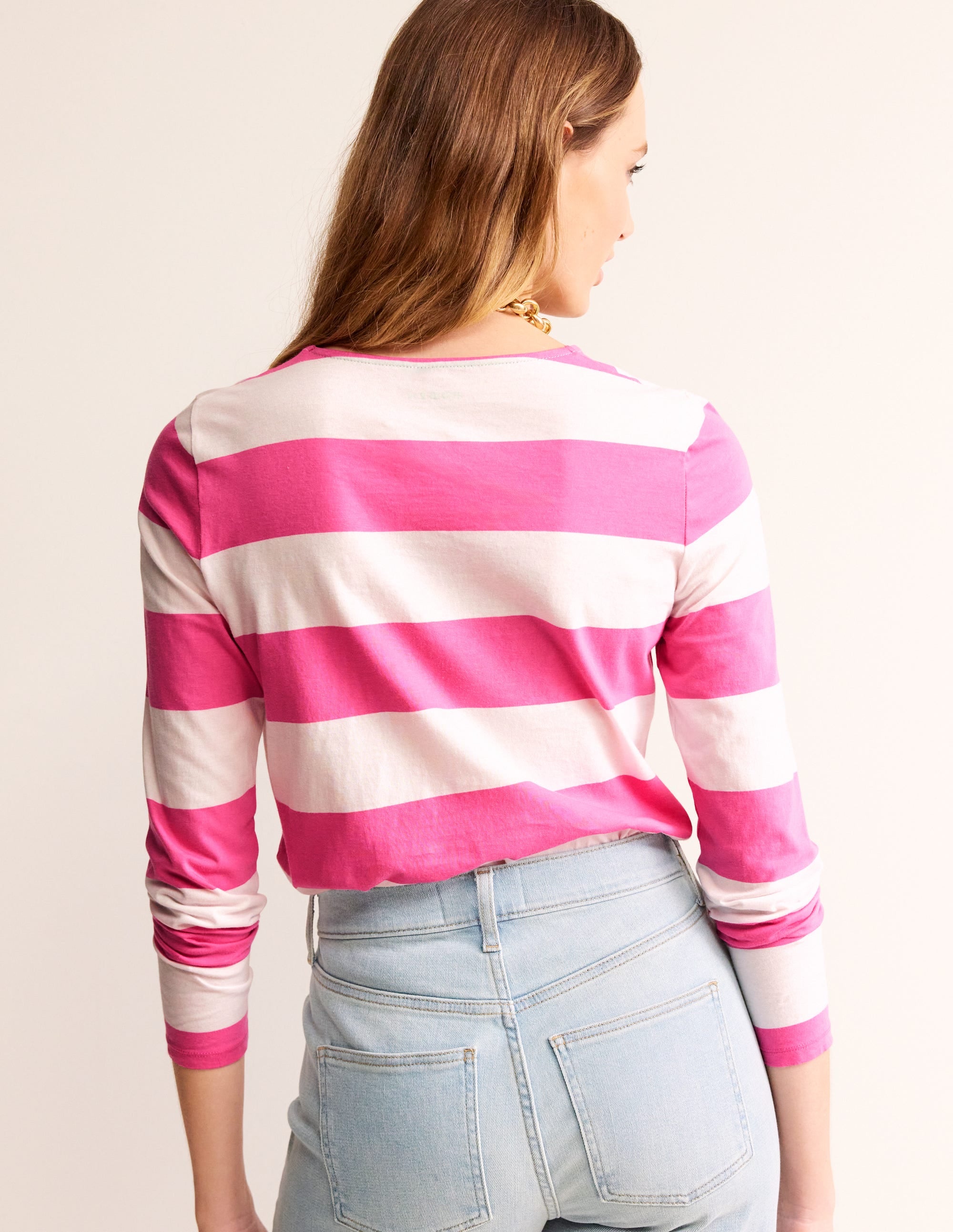 Bea Women's Long Sleeve Breton Stripe Shirt - Ivory & Pink Wide Stripe Top for Casual Wear, Office Outfits & Fall Fashion