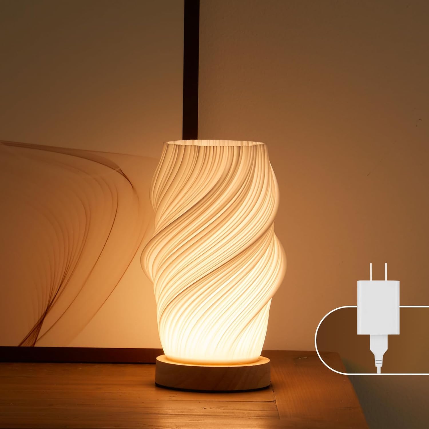 Wood Base Bedside Lamp - 12-Level Dimmable Nightstand Light with Button Control & PLA Shade for Bedroom, Living Room, Office - Perfect for Reading, Relaxing & Nighttime Use (White, Medium)