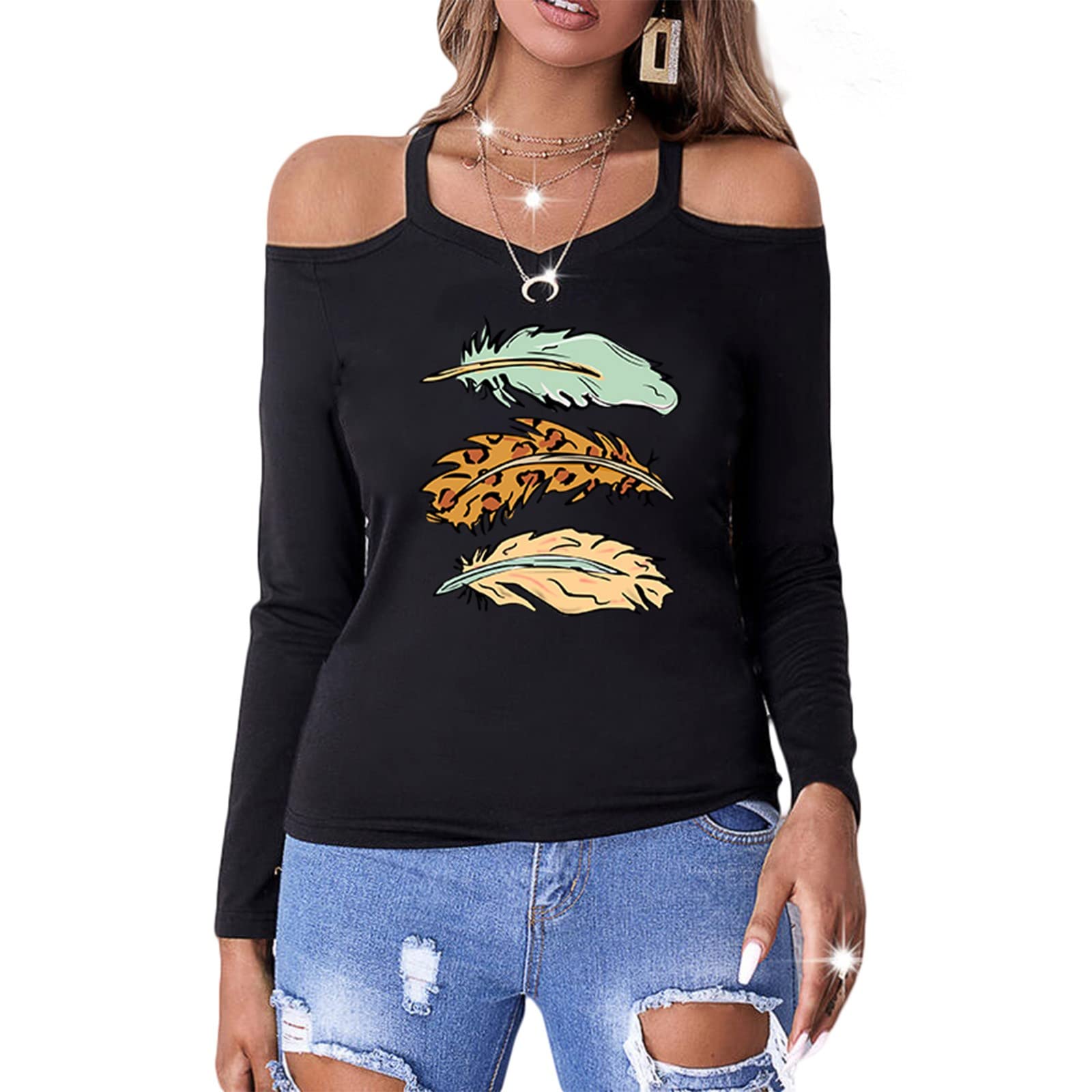 Women's V-Neck Off-Shoulder Long Sleeve T-Shirt - Floral Chrysanthemum Print Patchwork Blouse for Casual Wear | Perfect for Spring Outfits, Date Nights & Office Fashion