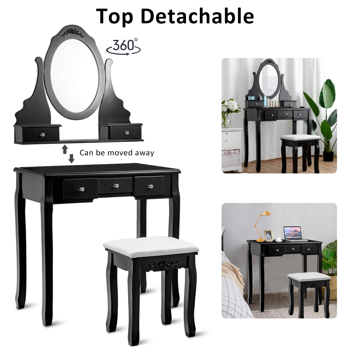 Giantex Vanity Set with Oval Mirror & Cushioned Stool - Large Makeup Dressing Table with 5 Drawers & Mirrored Bedroom Vanity for Women, Girls, Kids - Easy Assembly (Black) - Perfect for Bedroom, Dorm, Apartment Makeup & Beauty Organization