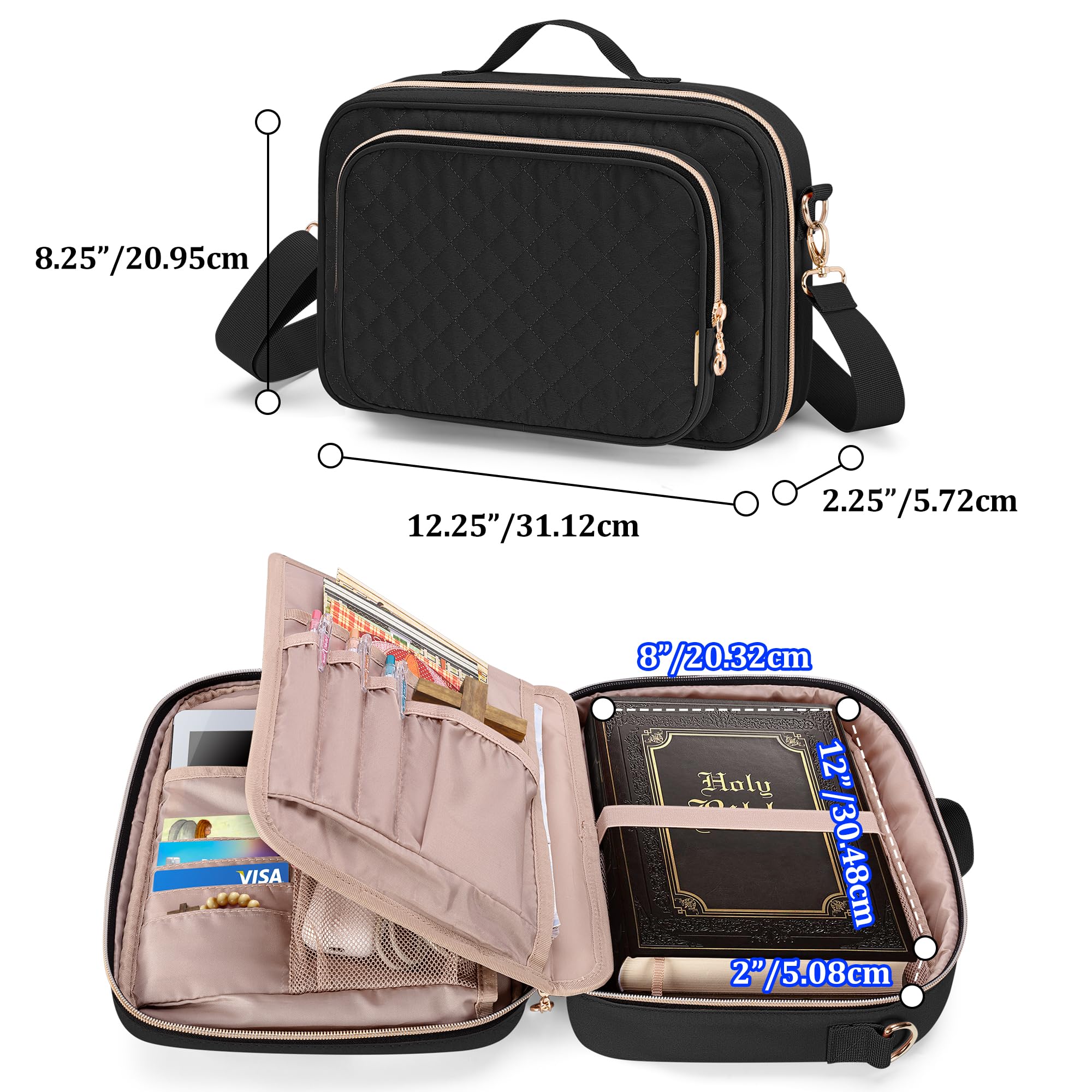 Teamoy Large Bible Cover for Men & Women - Quilted Church Bag with Shoulder Strap & Detachable Pen Slots - Perfect for Church, Bible Study & Travel - Black
