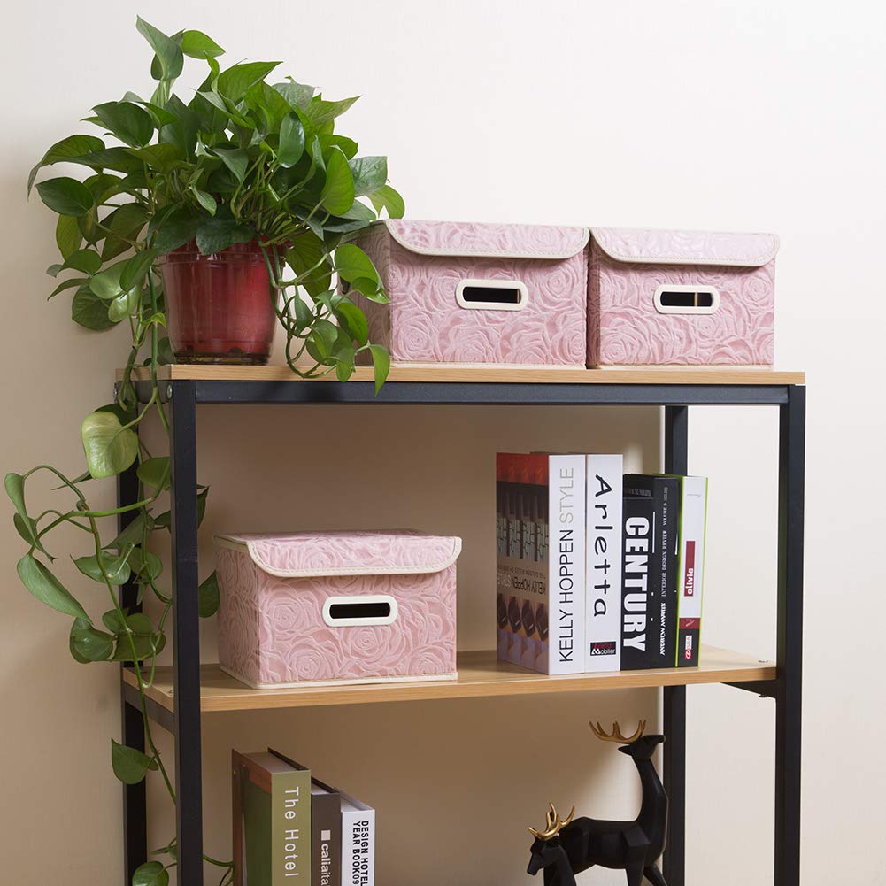 PRANDOM 5-Pack Foldable Fabric Storage Bins with Lids - Decorative Organizer Boxes with Handles & Dividers (9.8x7.9x6.7 Inch, Pink) for Bedroom, Closet, Living Room, Nursery & Office Organization