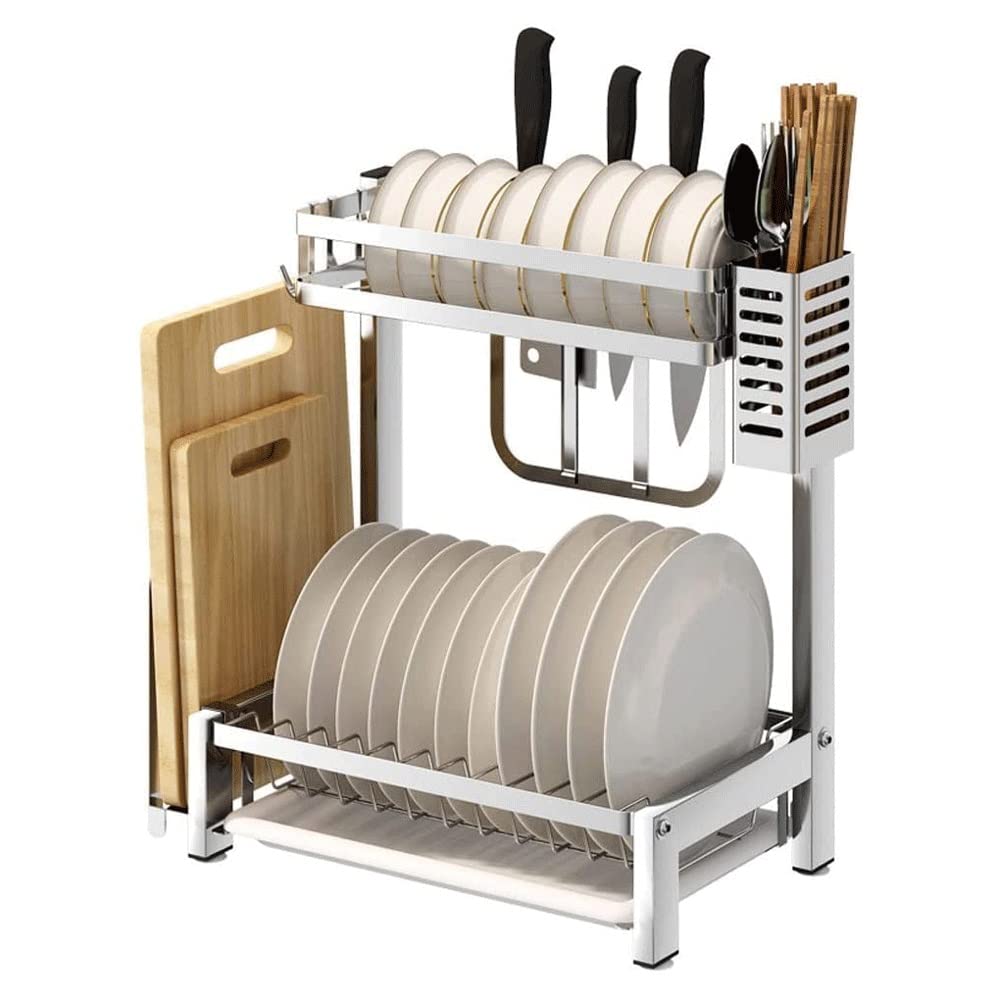 2-Tier Stainless Steel Dish Drying Rack with Drainboard Tray, Cup Holder & Utensil Holder - Space Saving Kitchen Countertop Organizer for Dishes, Cups & Cutlery - Perfect for Small Kitchens, Apartments & RVs