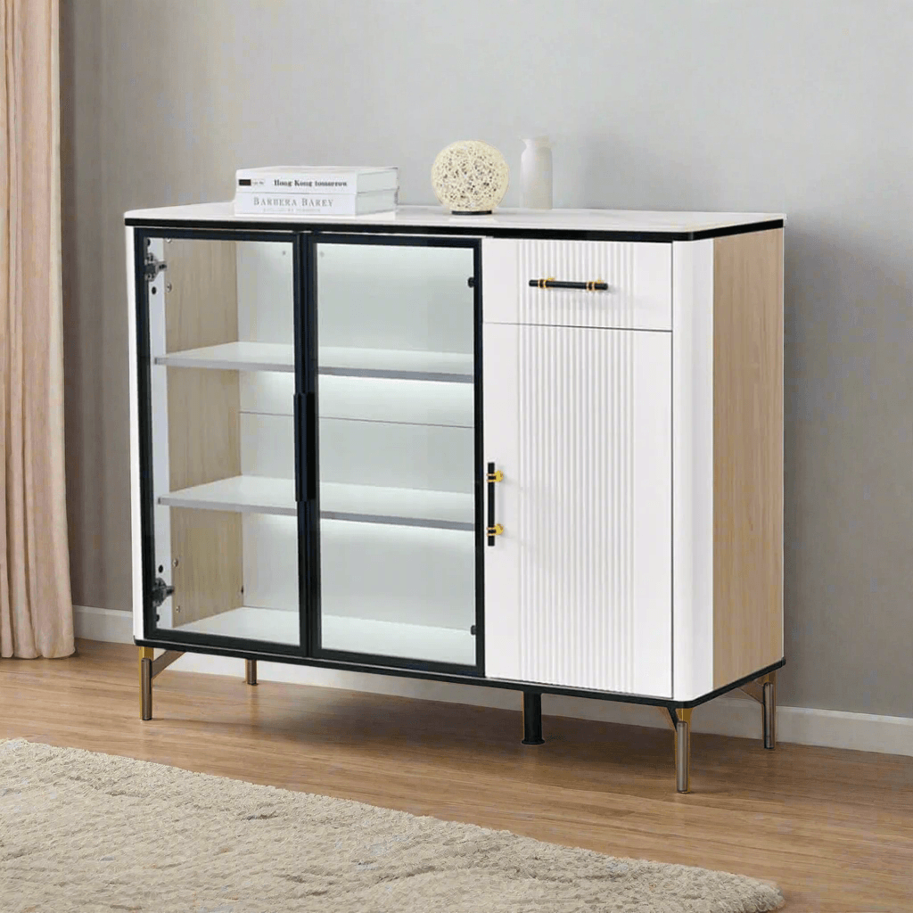 Maurille II Buffet Hutch - 47 Inch Solid Wood Sideboard with Glass Doors for Dining Room Storage - Perfect for China Display, Kitchen Organization & Home Decor