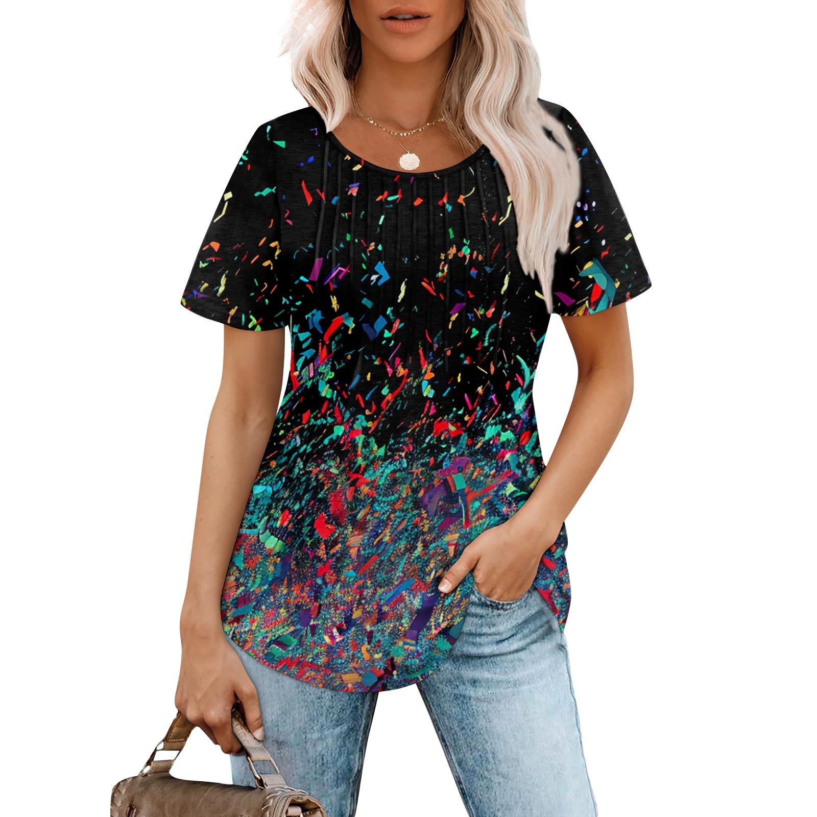 Women's Summer Shirts - Casual Short Sleeve Pleated Scoop Neck Blouse | Perfect for Beach Outings, Office Wear & Summer Parties