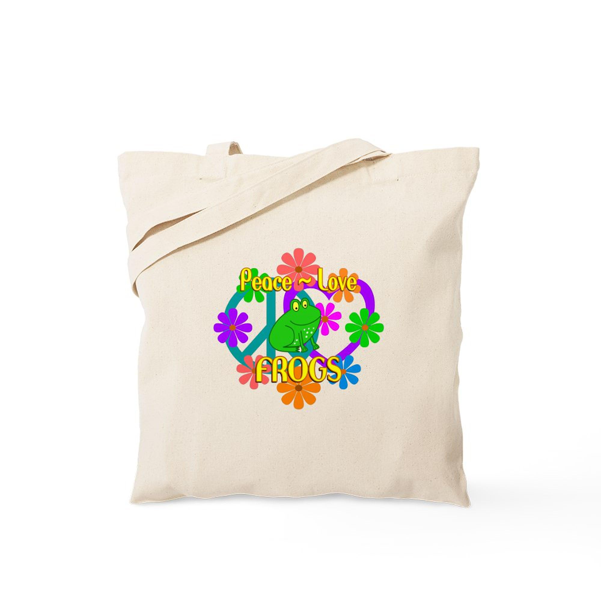 Eco-Friendly Peace Love Frogs Canvas Tote Bag - Natural Reusable Shopping Bag for Groceries, Beach & Daily Use | Sustainable Cotton Carryall