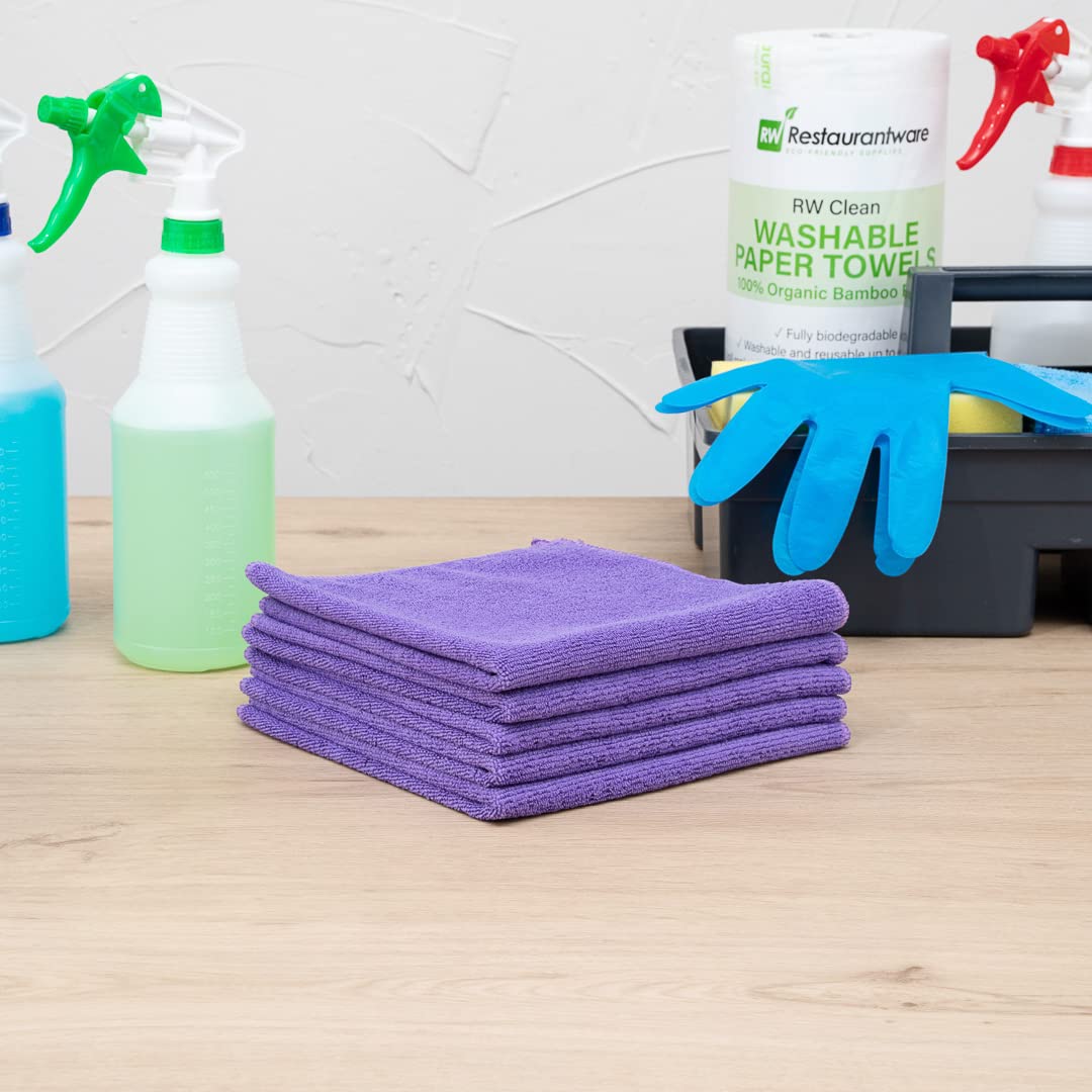 Restaurantware Clean Tek Professional 16x16 Inch Microfiber Cleaning Cloths - 100 Lint-Free, Highly Absorbent, Non-Abrasive Purple Towels for Kitchen, Restaurant, and Home Use - Reusable Multi-Purpose Cleaning Rags
