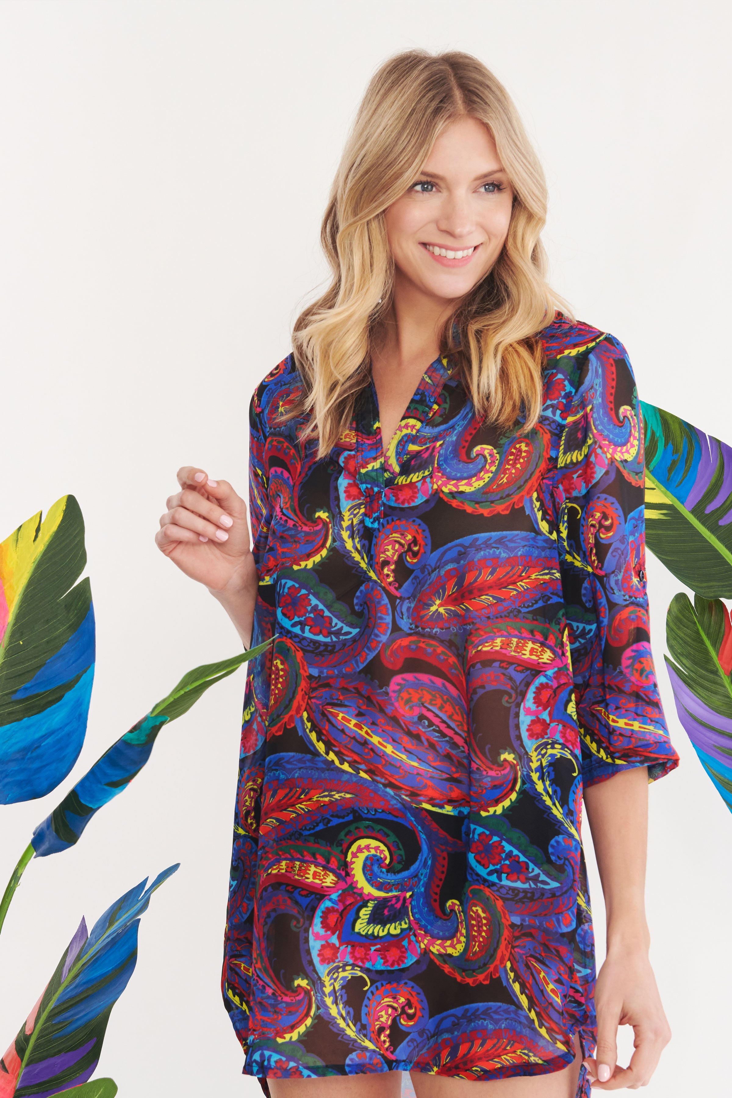 French Paisley Collared Pullover Tunic Coverup - Stylish Beach Cover-Up & Casual Loungewear for Women
