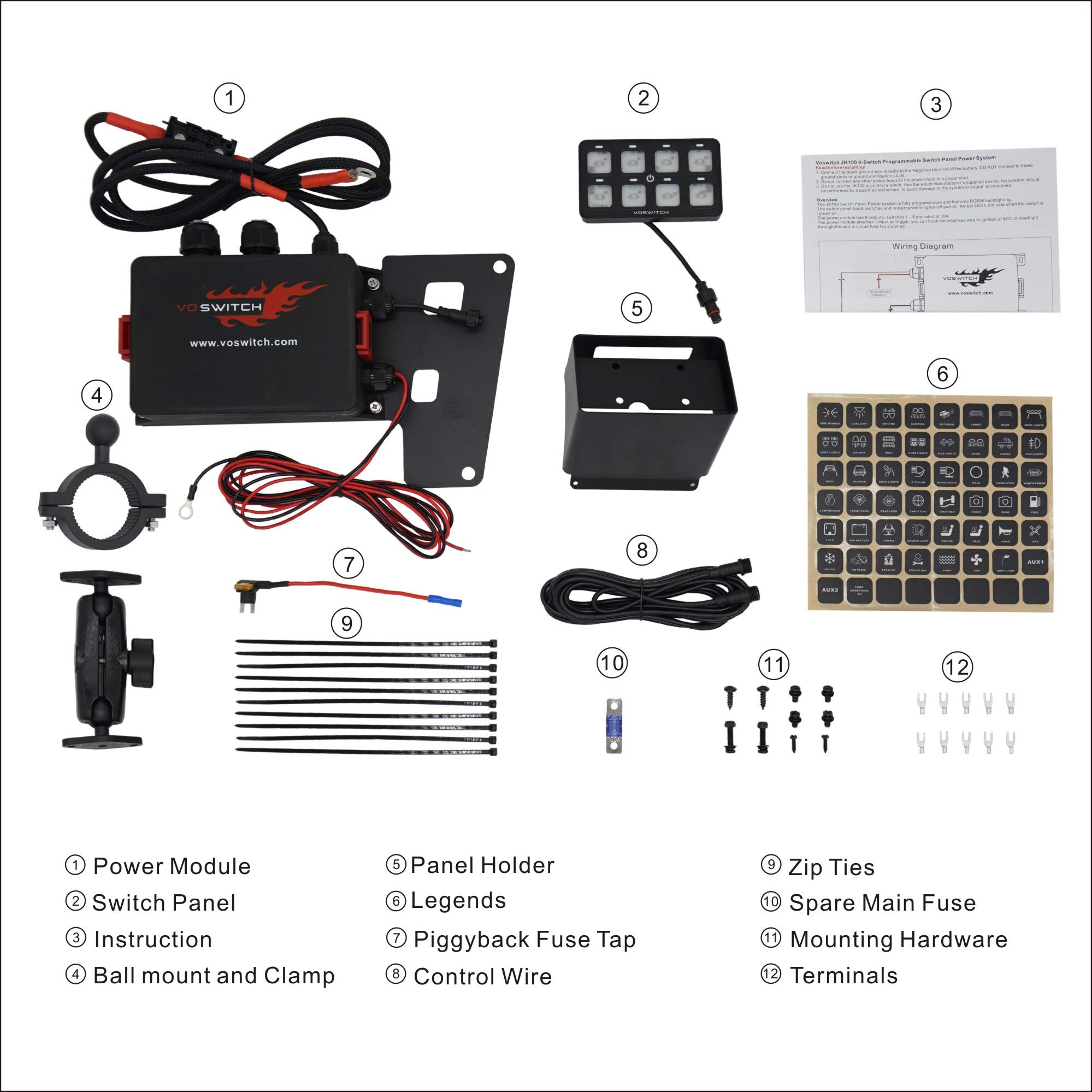 Voswitch JK100 Programmable Overhead Switch Panel Power Control System for Jeep Wrangler JK JKU 2007-2018 - Easy Off-Road Lighting & Accessory Control for Adventure & Customization
