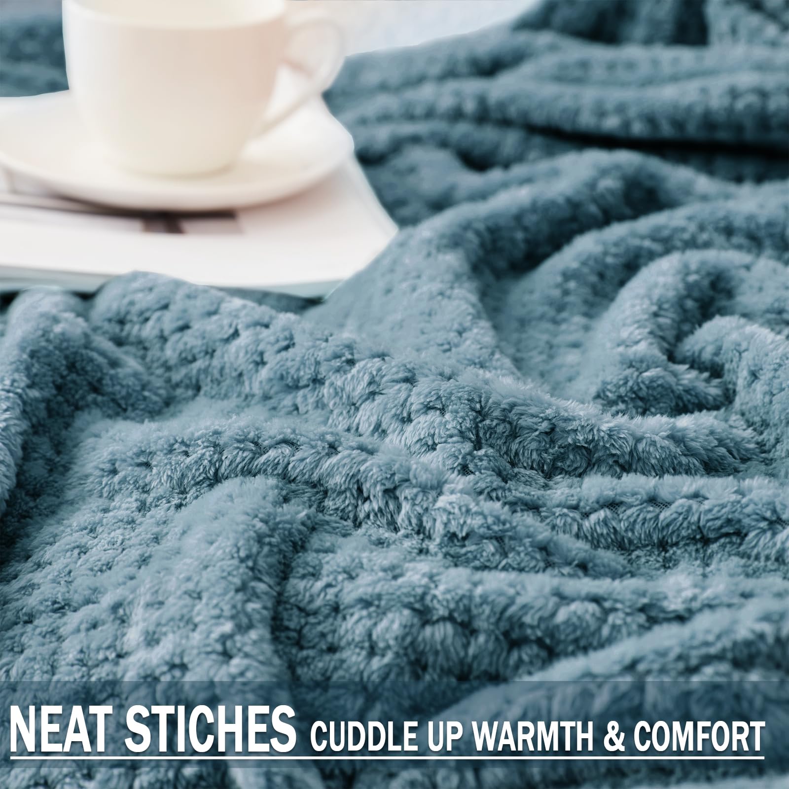 Premium Fleece Blend Twin Size Bed Blanket - Ultra Soft & Warm Waffle Textured Throw for Couch, Sofa & Bed - Cozy, Fuzzy & Lightweight (Slate Blue, 90x66 Inches) - Perfect for Winter Nights, Movie Time & Guest Rooms