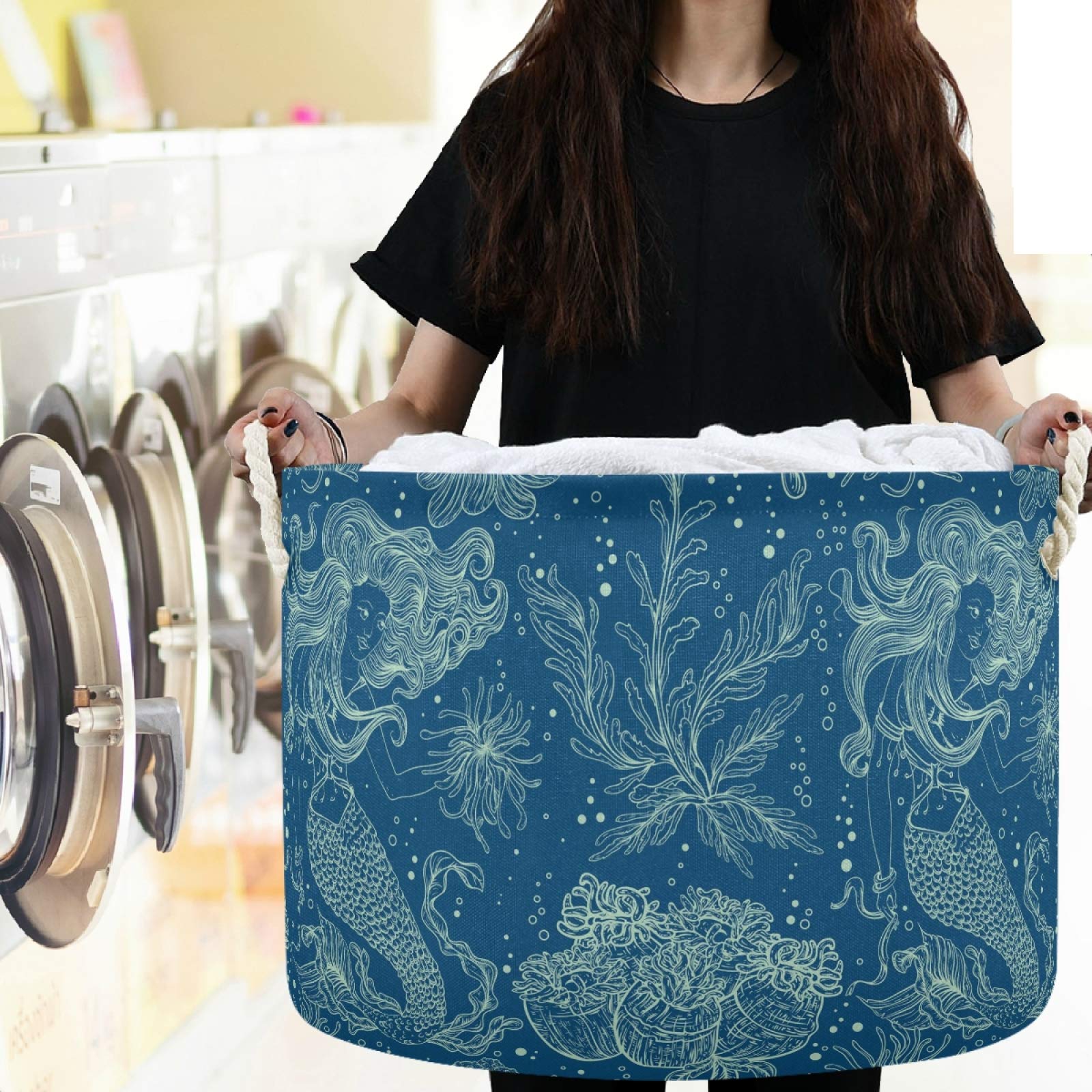 Visesunny Collapsible Large Capacity Storage Basket - Mermaid Fish Toy & Clothes Hamper with Durable Cotton Handles - Perfect for Bathroom, Bedroom, Nursery, Laundry & Closet Organization - Ideal for Kids' Room Decor, Beach Toy Storage & Home Organization Solutions