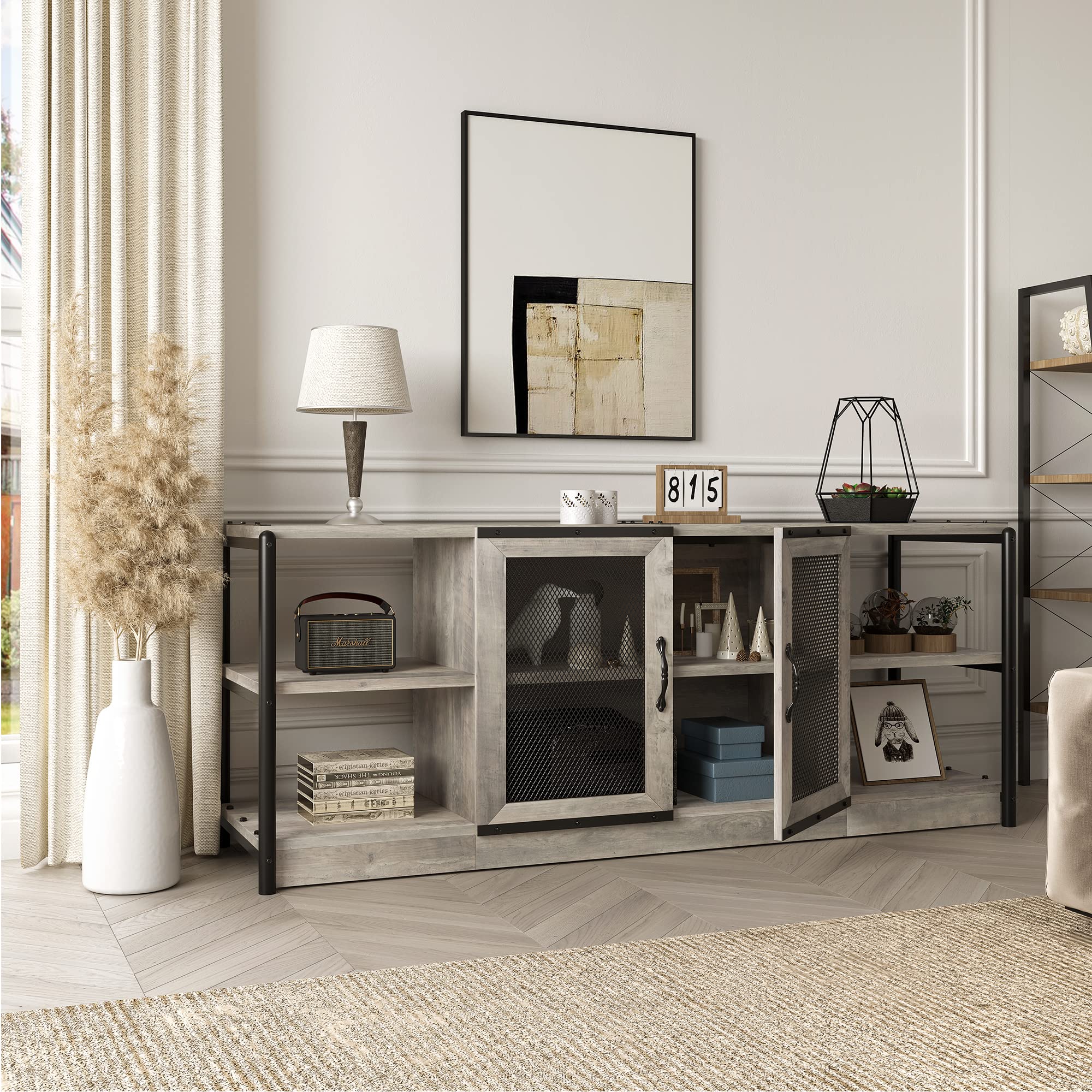 IDEALHOUSE 65 Inch TV Stand with Storage Cabinet - Farmhouse Style Entertainment Center with Mesh Doors, Industrial TV Media Console for Living Room - Rustic Grey Home Theater Furniture for Movie Nights & Family Gatherings