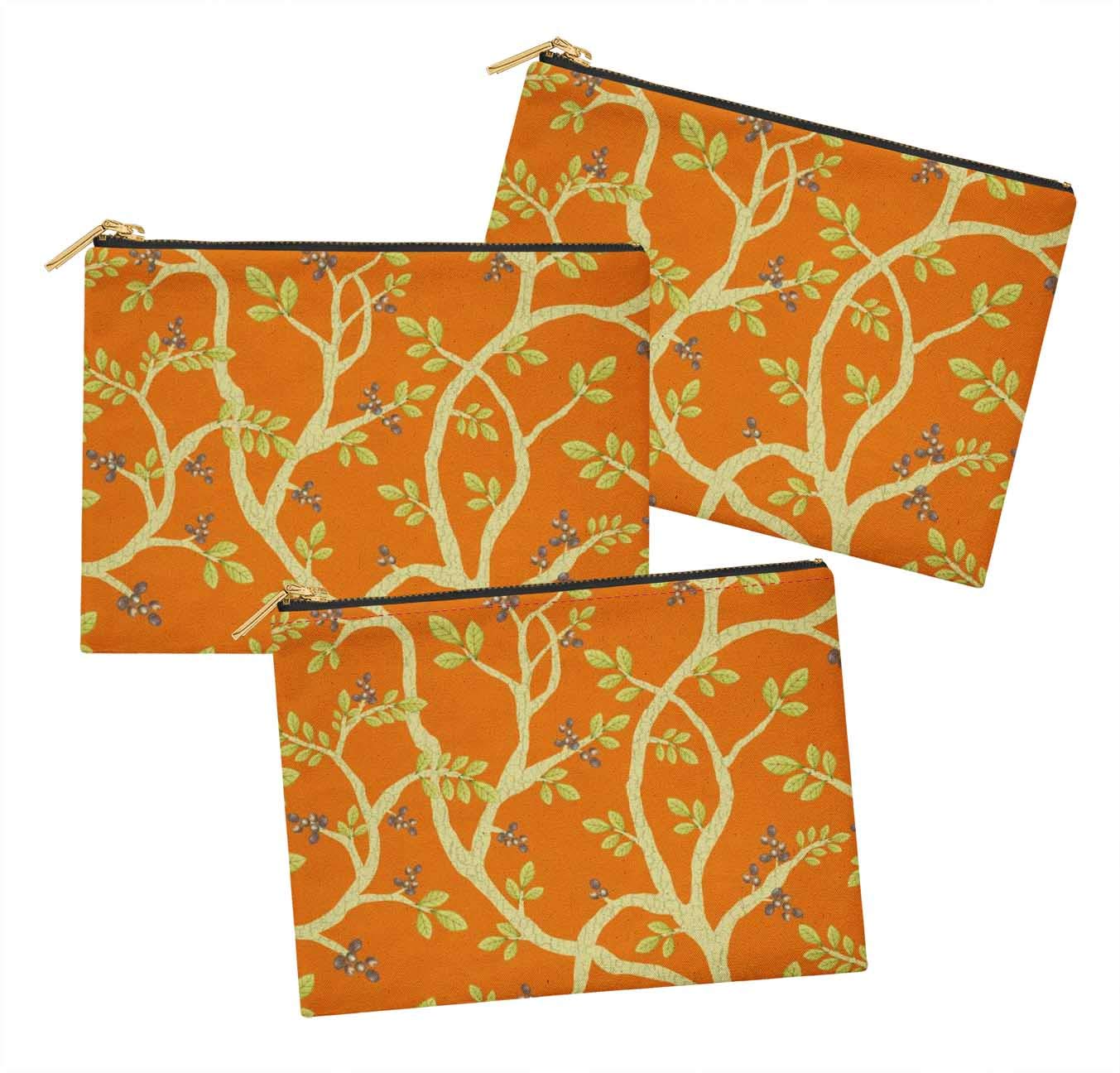 Printed Makeup Cosmetic Bag & Coin Purse Toiletry Organizer - Orange Blueberry Leaves Design (Pack of 3, 6x8 Inches) - Perfect for Travel, Gym & Daily Essentials Storage