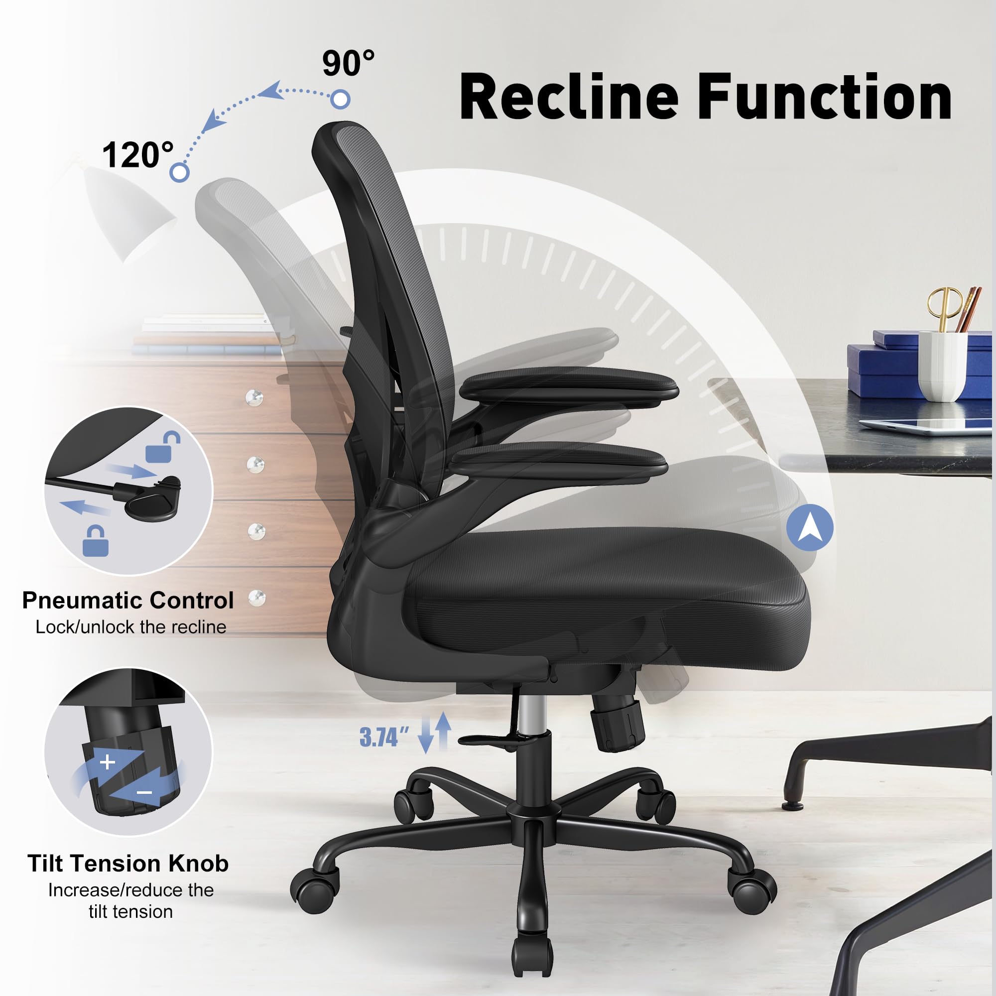 Ergonomic Mesh Office Chair with Adjustable Lumbar Support - Breathable Home Desk Chair with Wheels, Flip-Up Arms & Height Adjustment - Perfect for Home Office, Gaming & Workspace (Black)