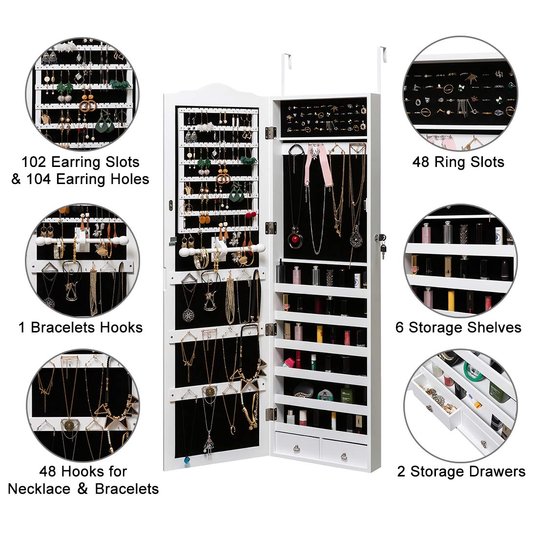 Lockable Wall Mount Jewelry Cabinet with Full Length Mirror & 2 Drawers - White Hanging Jewelry Armoire Organizer for Bedroom, Closet & Dressing Room