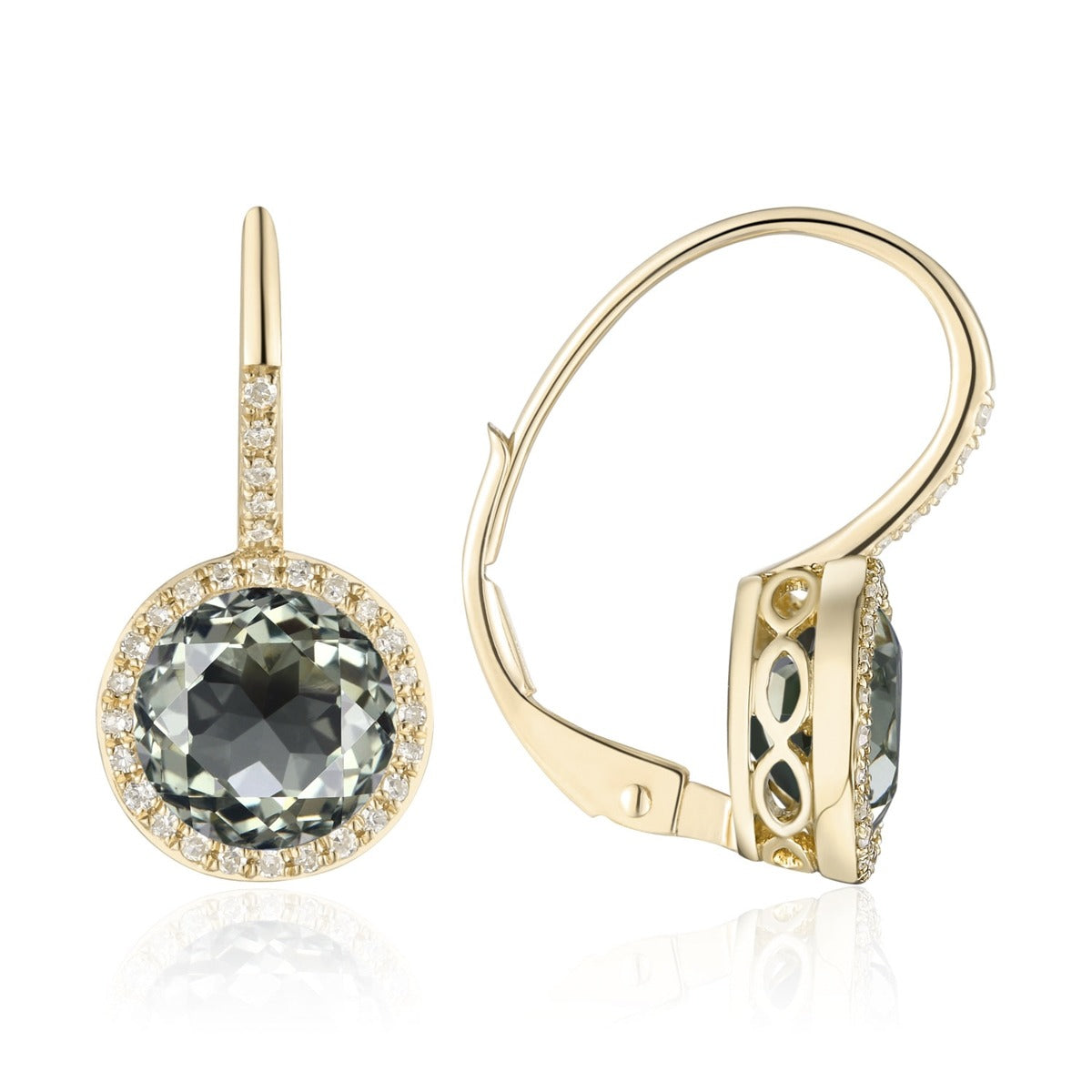 14K Yellow Gold Green Amethyst & Diamond Leverback Earrings for Women - Elegant Dangle Earrings for Party, Wedding & Special Occasions