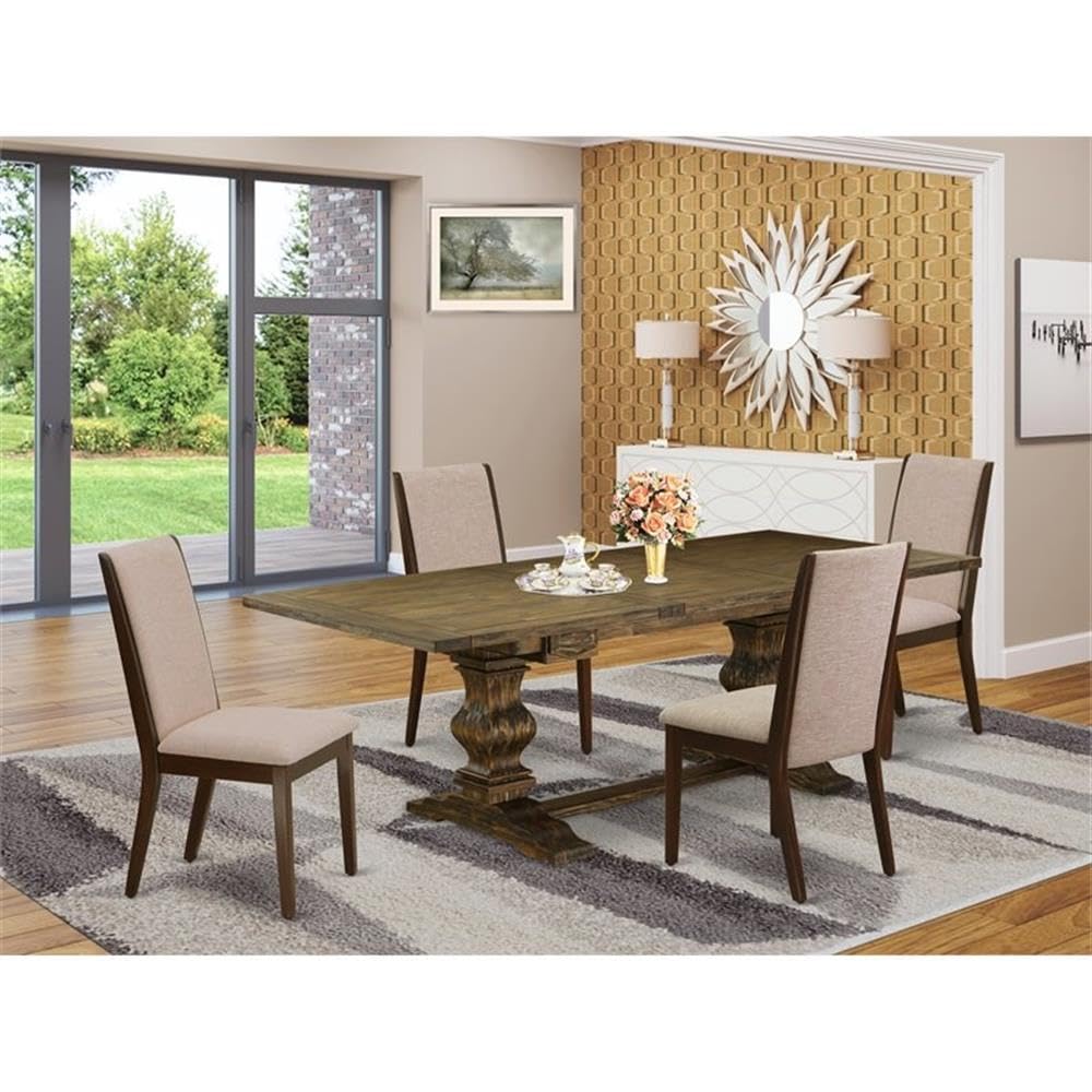 East West Furniture 5-Piece Dining Room Set - Rectangle Kitchen Table with Removable Leaf & 4 Light Tan Linen Parsons Chairs, 42x92 Inch, Jacobean Finish - Perfect for Family Dinners & Entertaining Guests