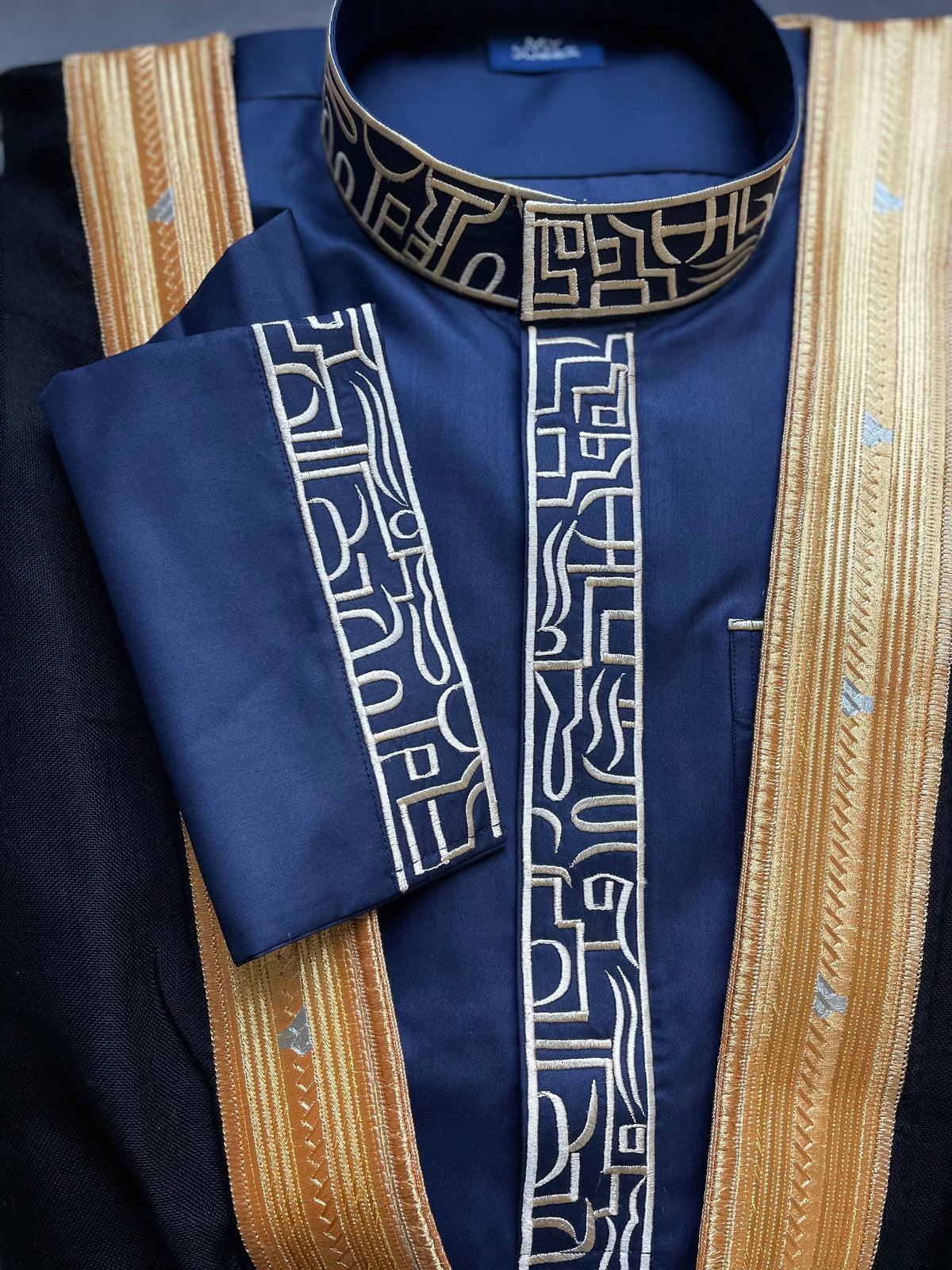Premium Men's Blue Thobe with Gold Embroidery - 3 Piece Traditional Islamic Outfit Set for Eid, Wedding & Special Occasions