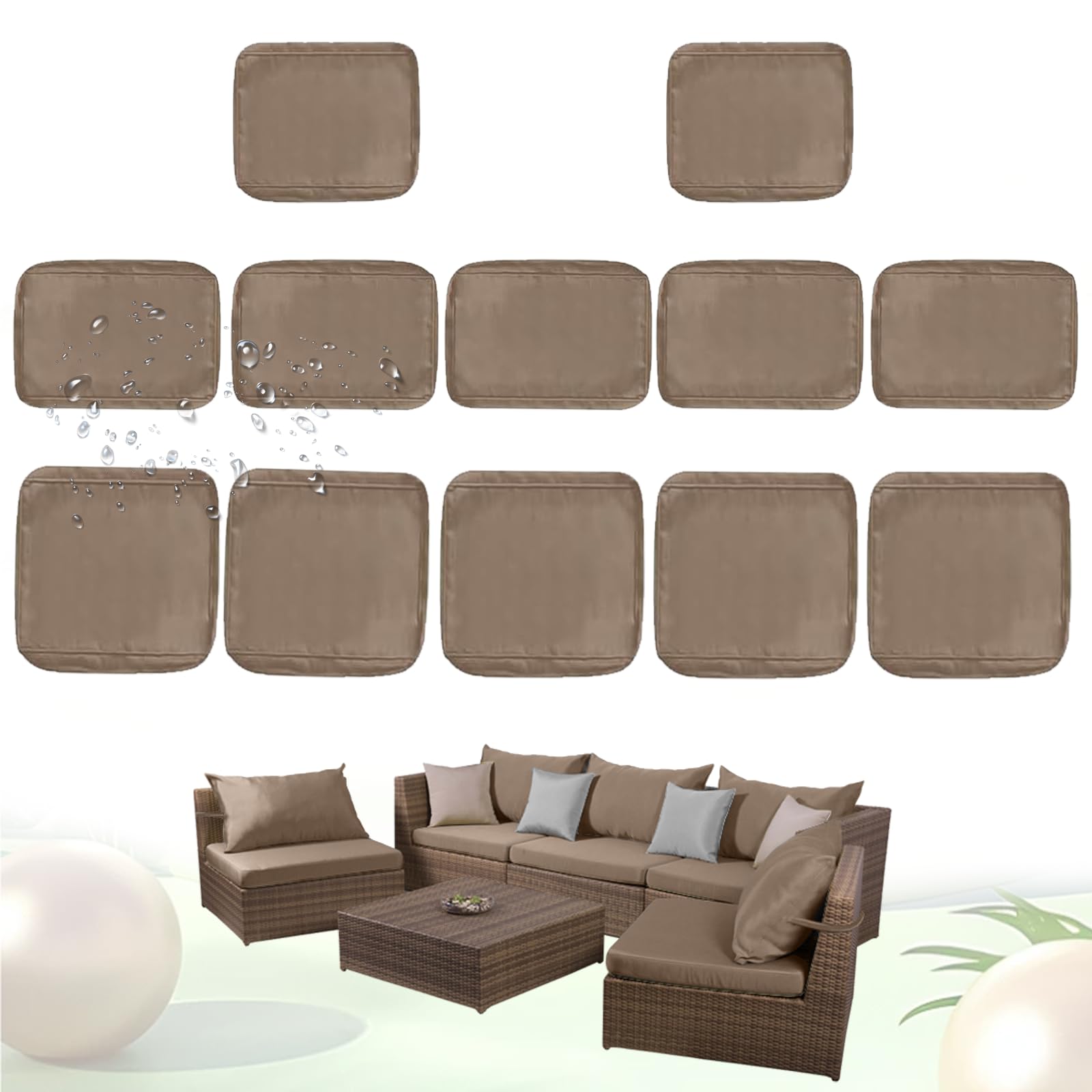 12-Piece Waterproof Outdoor Patio Cushion Covers - Replacement Slipcovers for Sectional Sofa & Furniture (Khaki) - Perfect for Backyard, Deck, Poolside & Garden Relaxation