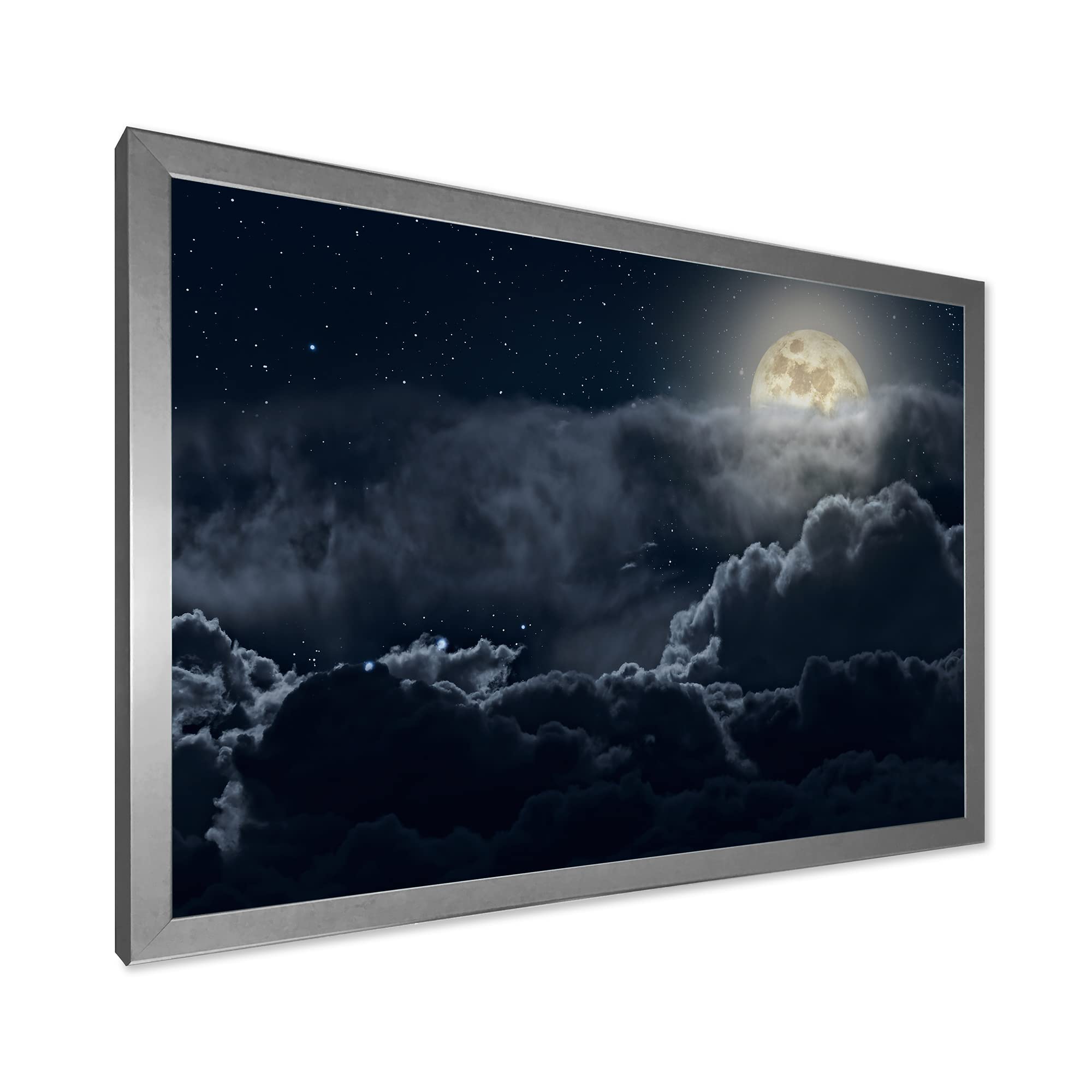 Cloudy Full Moon Night Nautical & Coastal Framed Wall Art - Ocean Themed Home Decor for Living Room, Bedroom, Beach House & Office
