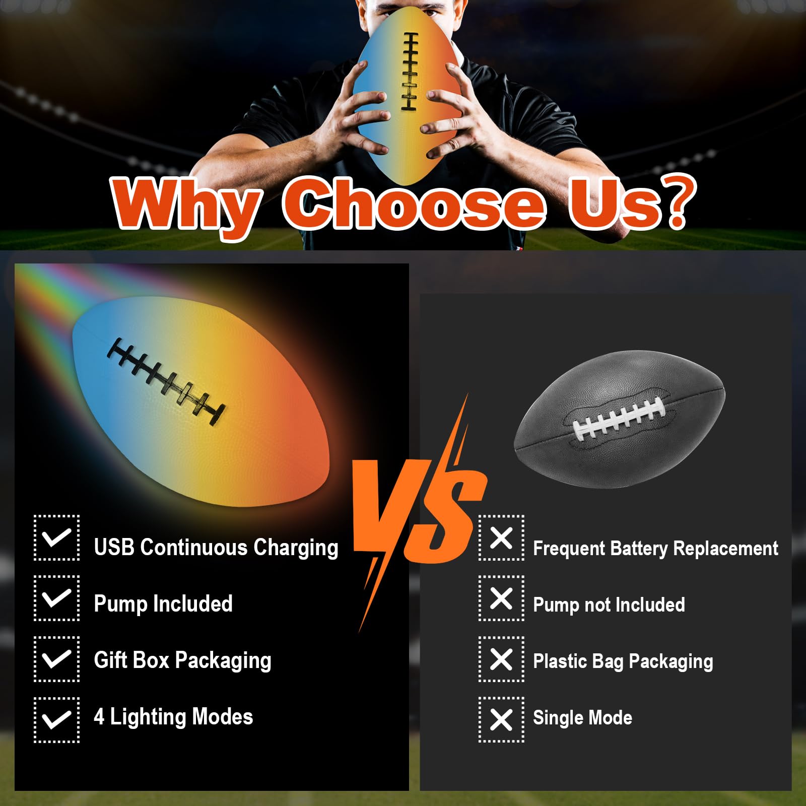 Rechargeable LED Glow in The Dark Football for Kids 8-12 - 4 Light Modes, Includes Air Pump - Night Football for Beach, Backyard & Birthday Gifts - Perfect for Outdoor Play, Camping & Evening Sports Activities