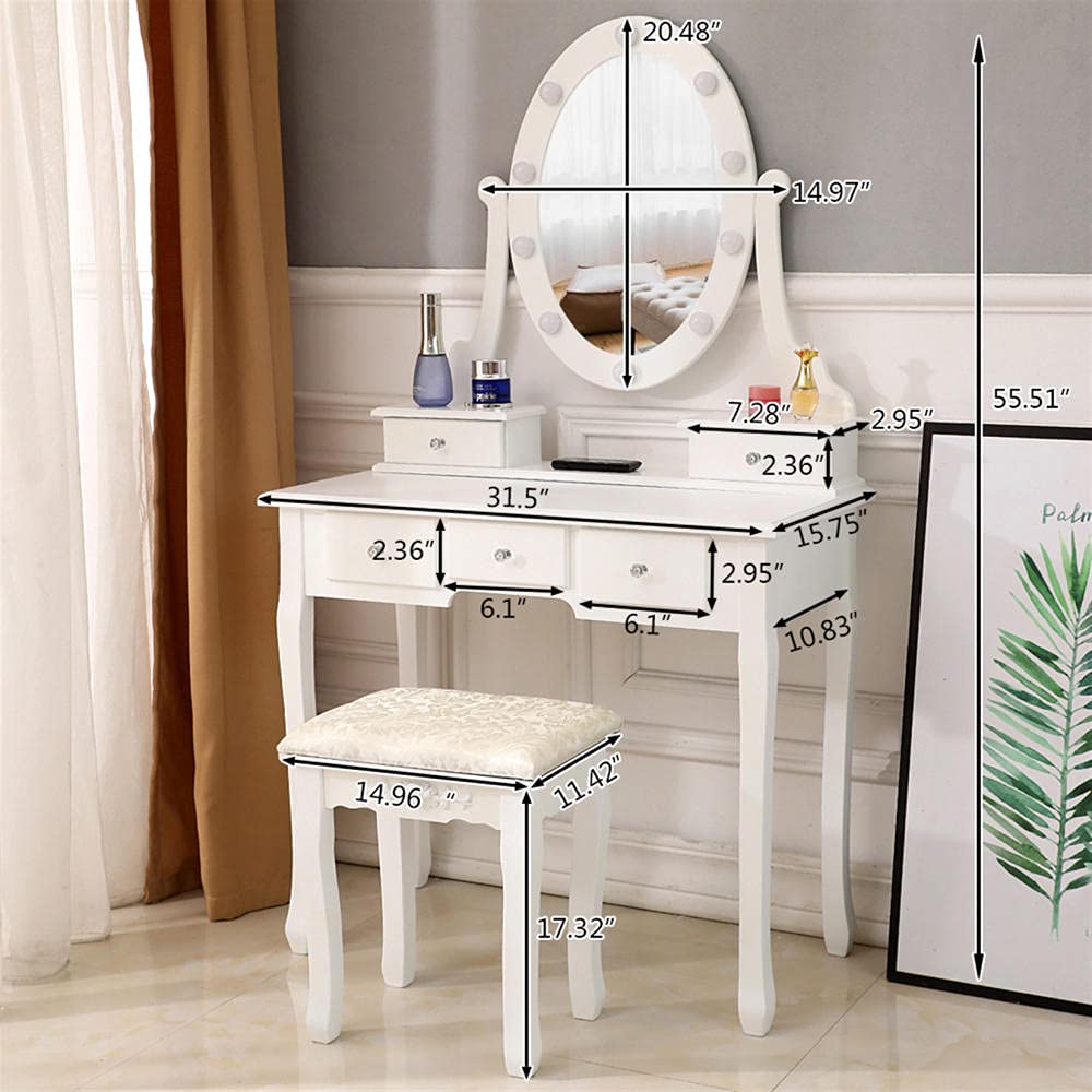 Modern White Vanity Desk with LED Lights & Stool - 5 Drawers for Bedroom Dressing Room