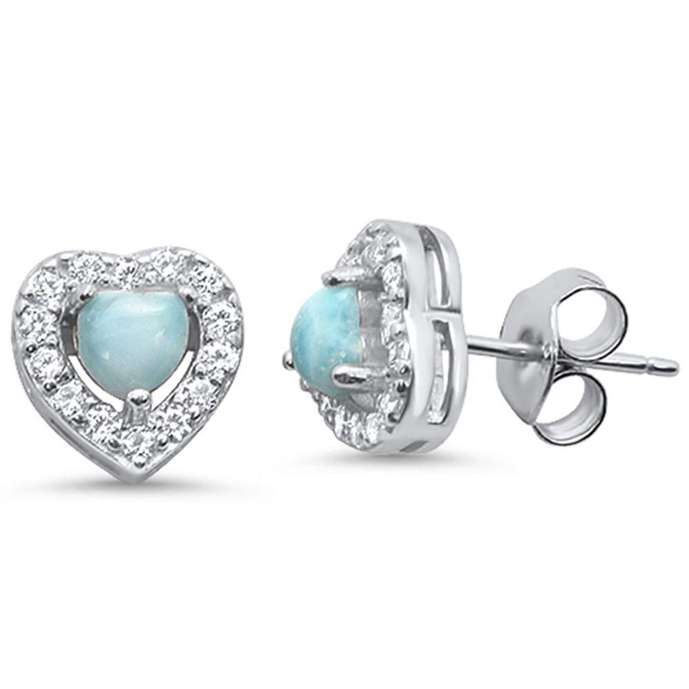 Natural Larimar & Cubic Zirconia Halo Heart Stud Earrings in Sterling Silver - Elegant Jewelry for Women, Perfect Gift for Valentine's Day, Anniversary or Special Occasions
