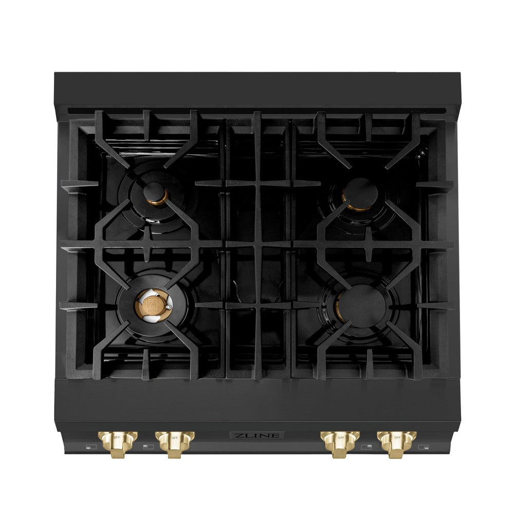 ZLINE Autograph Edition 30 Inch Black Stainless Steel Gas Rangetop with 4 Burners & Porcelain Cooktop - Polished Gold Accents (RTBZ 30 G) - Perfect for Modern Kitchens, Professional Cooking & Luxury Home Upgrades