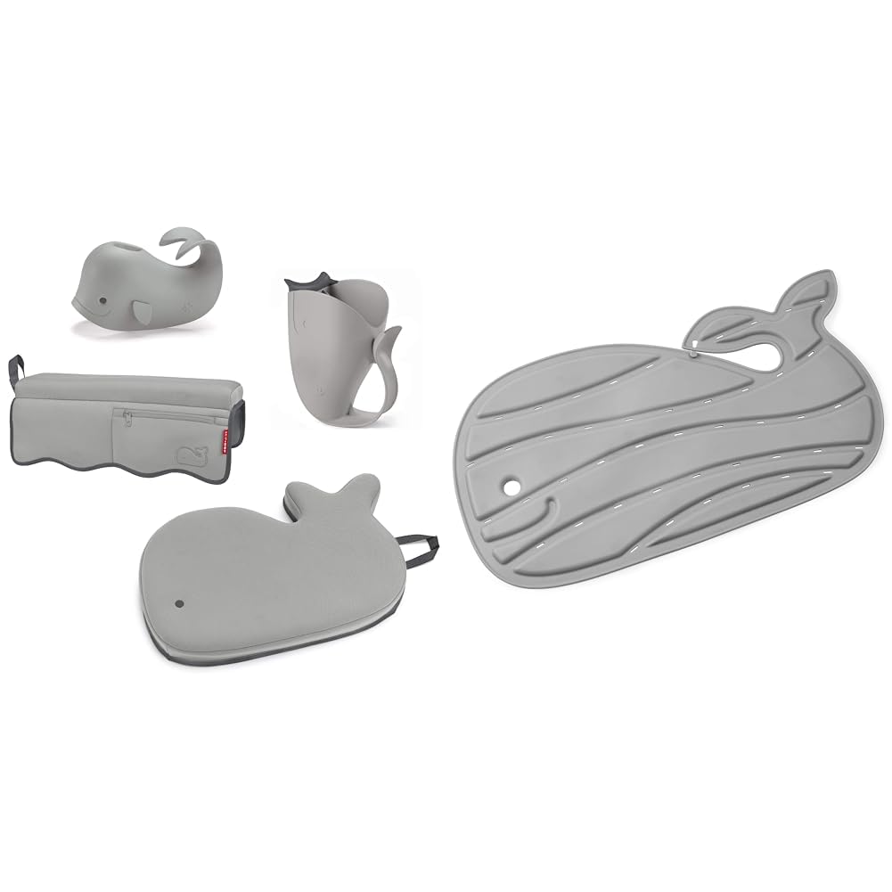 Skip Hop Moby Baby Bath Essential Set with Non-Slip Bath Mat (Grey) - Gentle Newborn & Infant Bathing Kit for Safe Tub Time, Perfect Baby Shower Gift