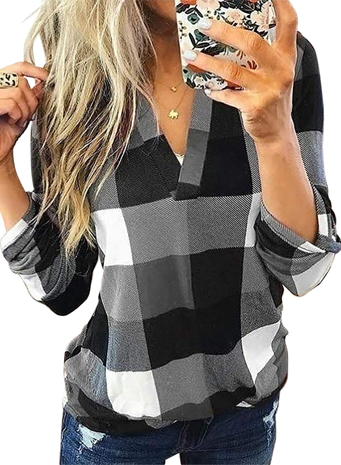 Dokotoo Women's Casual Plaid Print V-Neck Long Sleeve Blouse - Comfortable Work Shirt with Cuffed Sleeves (Sizes S-3XL) | Perfect for Office Wear, Business Casual & Everyday Outfits