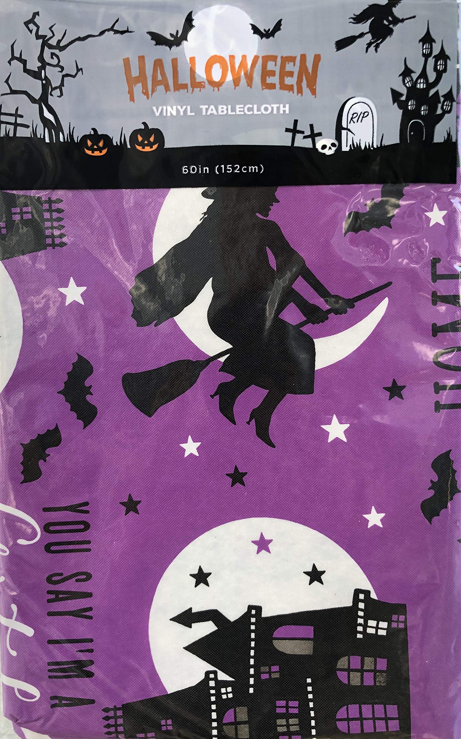 Halloween Witch's Home Sweet Haunted Home Vinyl Flannel Back Tablecloth - 60 Inch Round Halloween Party Decor for Dining Table, Kitchen, and Spooky Decorations