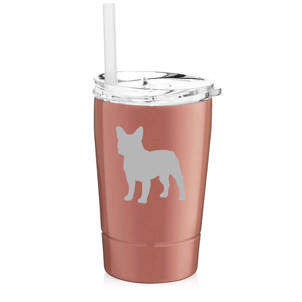 12 oz Double Wall Stainless Steel Vacuum Insulated Tumbler with Straw - French Bulldog Rose Gold Coffee Travel Mug for Hot & Cold Drinks - Perfect for Office, Gym, Hiking and Car Commute