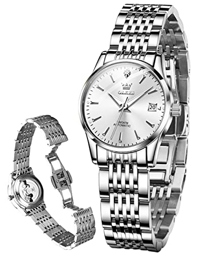 OLEVS Women's Automatic Self-Winding Stainless Steel Mechanical Watch with Diamond Markers - Luminous Waterproof Ladies Wristwatch for Business, Party & Everyday Wear