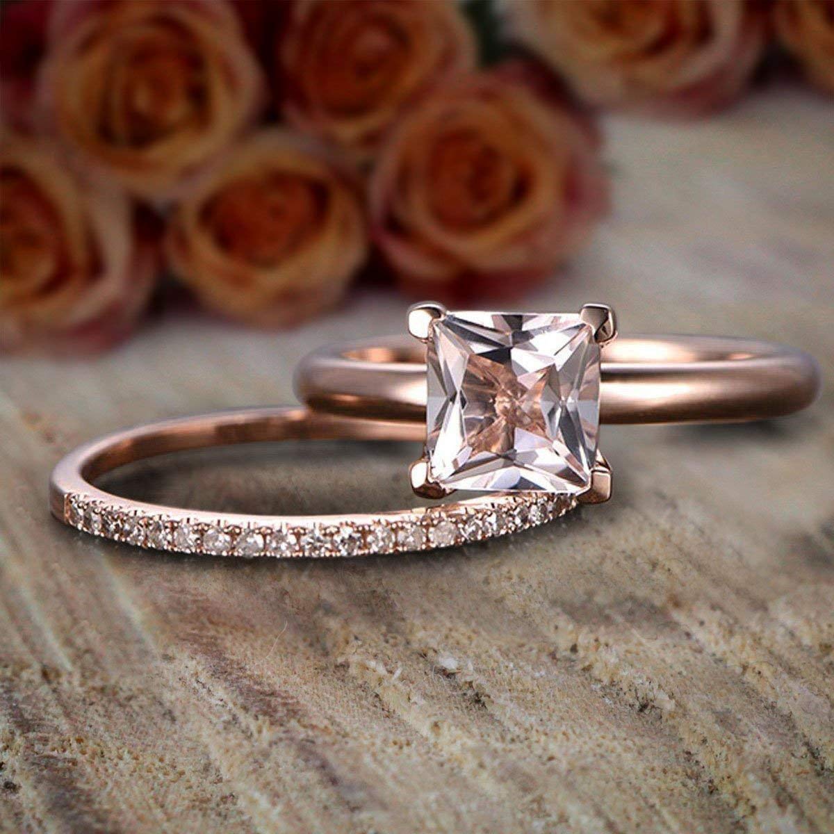 1.25 Carat Princess Cut Morganite & Diamond Bridal Ring Set in 18K Gold Plating - Perfect Wedding & Engagement Jewelry for Brides, Anniversary Gift for Her - Ideal for Proposals, Vows & Special Occasions