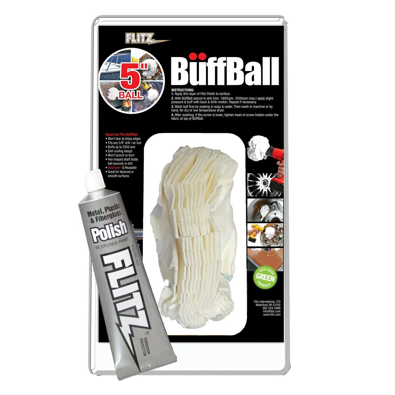 5 Inch Flitz Buff Ball with FREE Tube of Flitz Polish - Premium Polishing Kit for Metal, Plastic & Fiberglass - Perfect for Car Detailing, Boat Maintenance & DIY Projects
