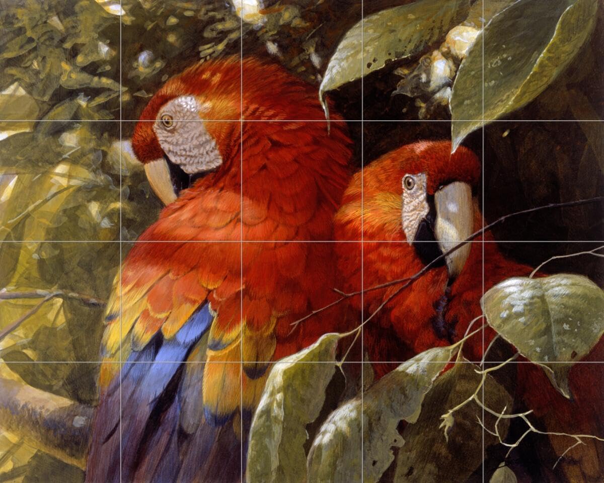 John Seerey-Lester Macaw Pair Ceramic Backsplash Tile Mural - Tropical Bird Design for Kitchen, Bathroom & Shower Walls - Waterproof & Durable Home Decor for Coastal, Bohemian & Tropical Interior Styles