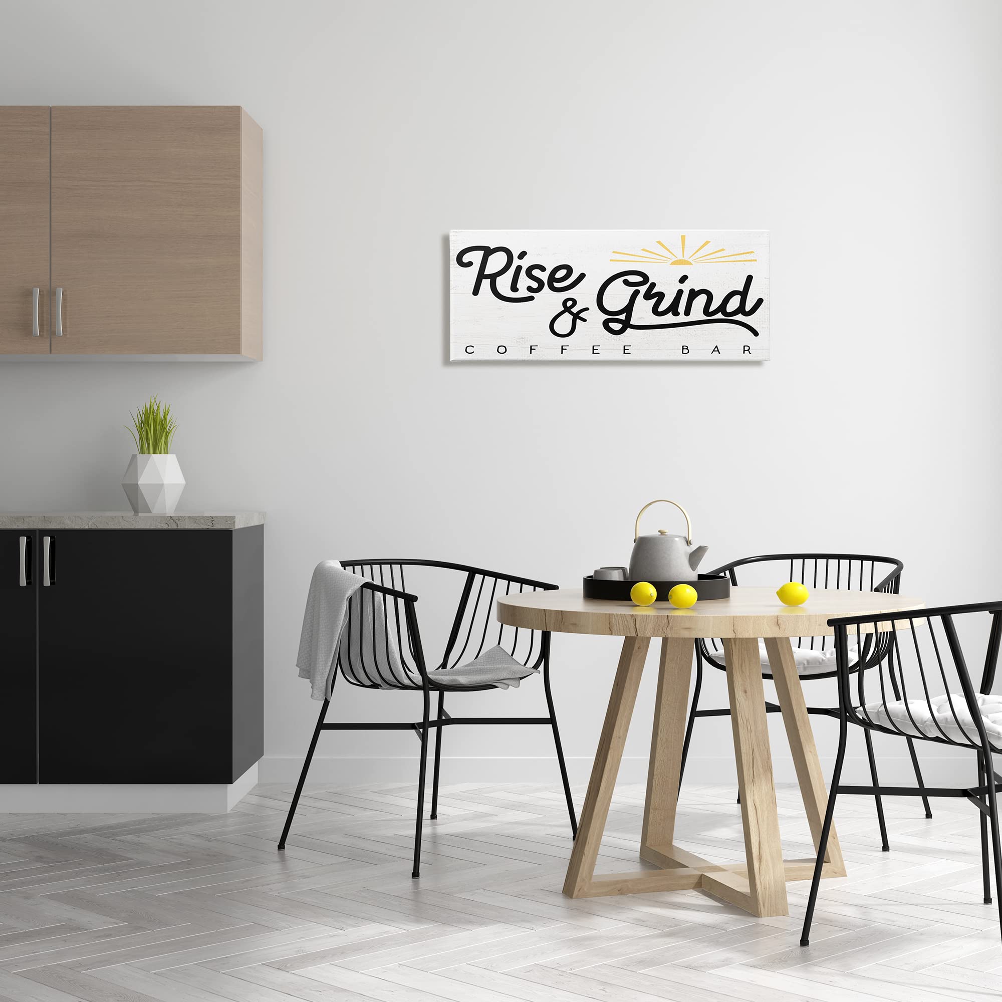 Stupell Industries Rise & Grind Coffee Bar Sign - Rustic Sunrise Wall Art by Daphne Polselli - 30x13 Inch Off-White Canvas - Perfect for Kitchen Decor, Coffee Shop & Home Bar