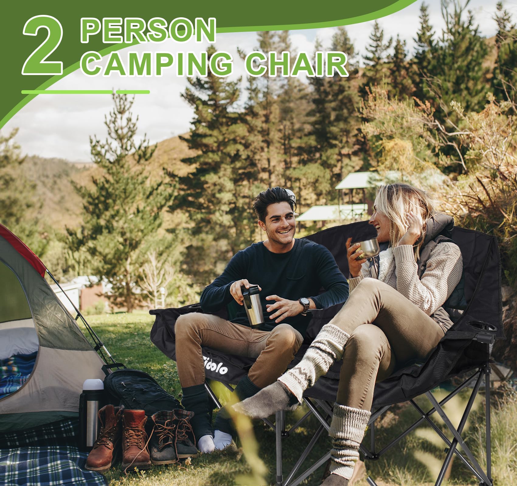 **2-Person Oversized Padded Folding Camping Chair for Adults – Heavy Duty 600LB Capacity, Double Loveseat with Cup & Wine Glass Holders – Perfect for Outdoor Camping, Picnics, Beach & Backyard Relaxation**