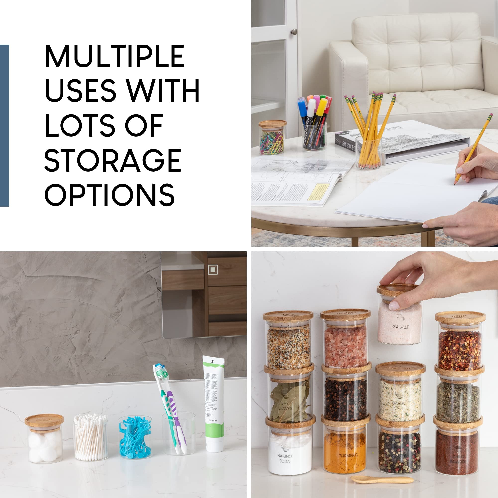 12-Piece Glass Spice Jars with Bamboo Lids - 5 oz Airtight Storage Containers for Kitchen Pantry Organization | Stackable Shatterproof Canisters for Herbs, Spices, Candy & Dry Food | Perfect for Home Cooking, Baking & Meal Prep