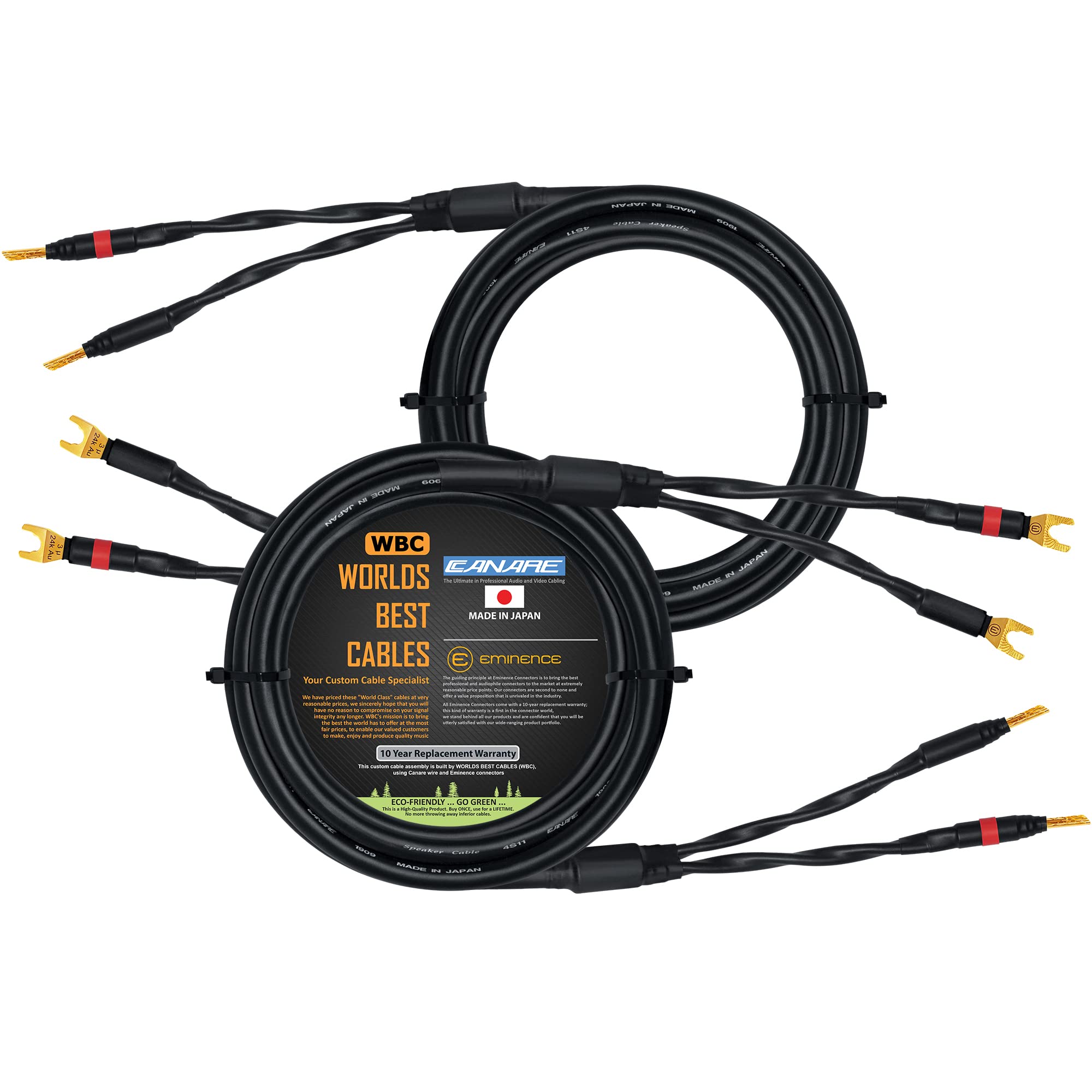 WORLDS BEST CABLES 10 Foot Audiophile Grade Speaker Cable - Canare 4S11 HiFi Star-Quad with Eminence Gold Banana & Spade Connectors - Perfect for Home Theater & High-End Audio Systems