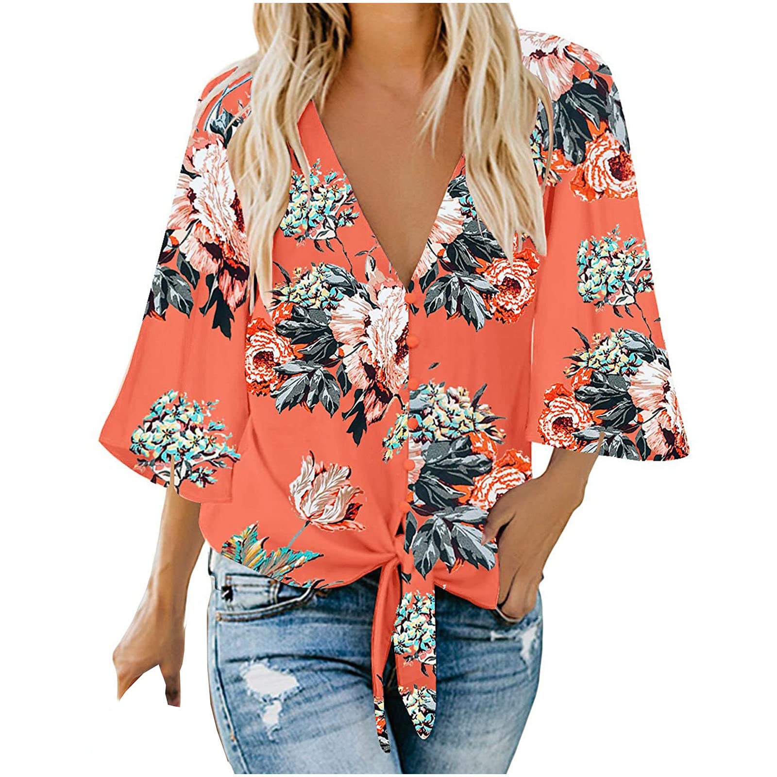 Women's Casual V-Neck Bell Sleeve Henley Shirts - Trendy 3/4 Sleeve Loose Blouse Tunic for Summer, Beach, and Going Out - Sexy Hawaiian Style Tops for Women