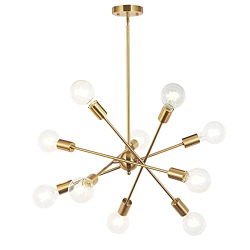 BONLICHT Modern 10-Light Sputnik Chandelier Brushed Brass Adjustable Arm Metal Kitchen Pendant Light, Mid Century Vintage Industrial Ceiling Fixture for Living Room, Dining Room, Bedroom & Office Lighting