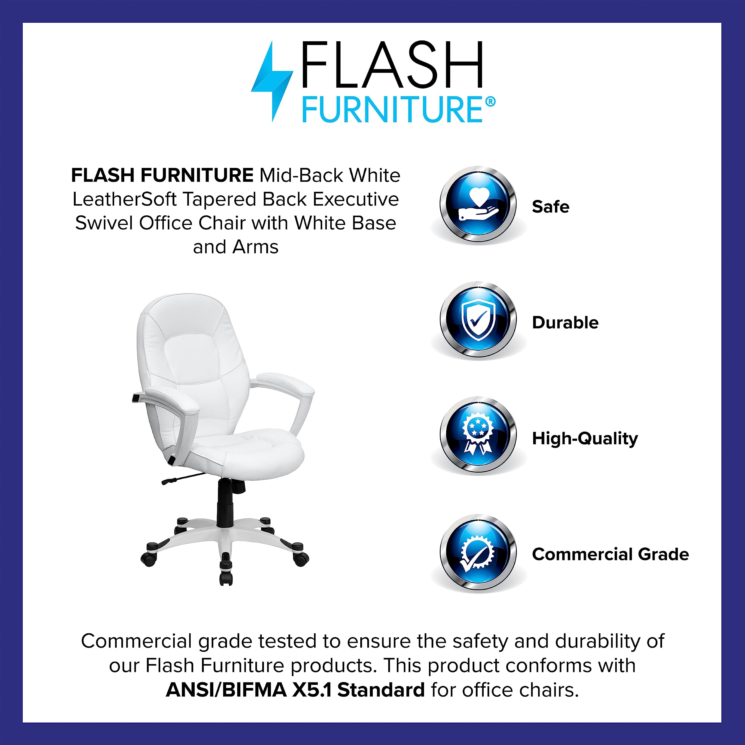 Flash Furniture Quincey Mid-Back White LeatherSoft Executive Office Chair - Ergonomic Swivel Chair with Tapered Back, White Base & Arms for Home Office, Conference Room & Workspace