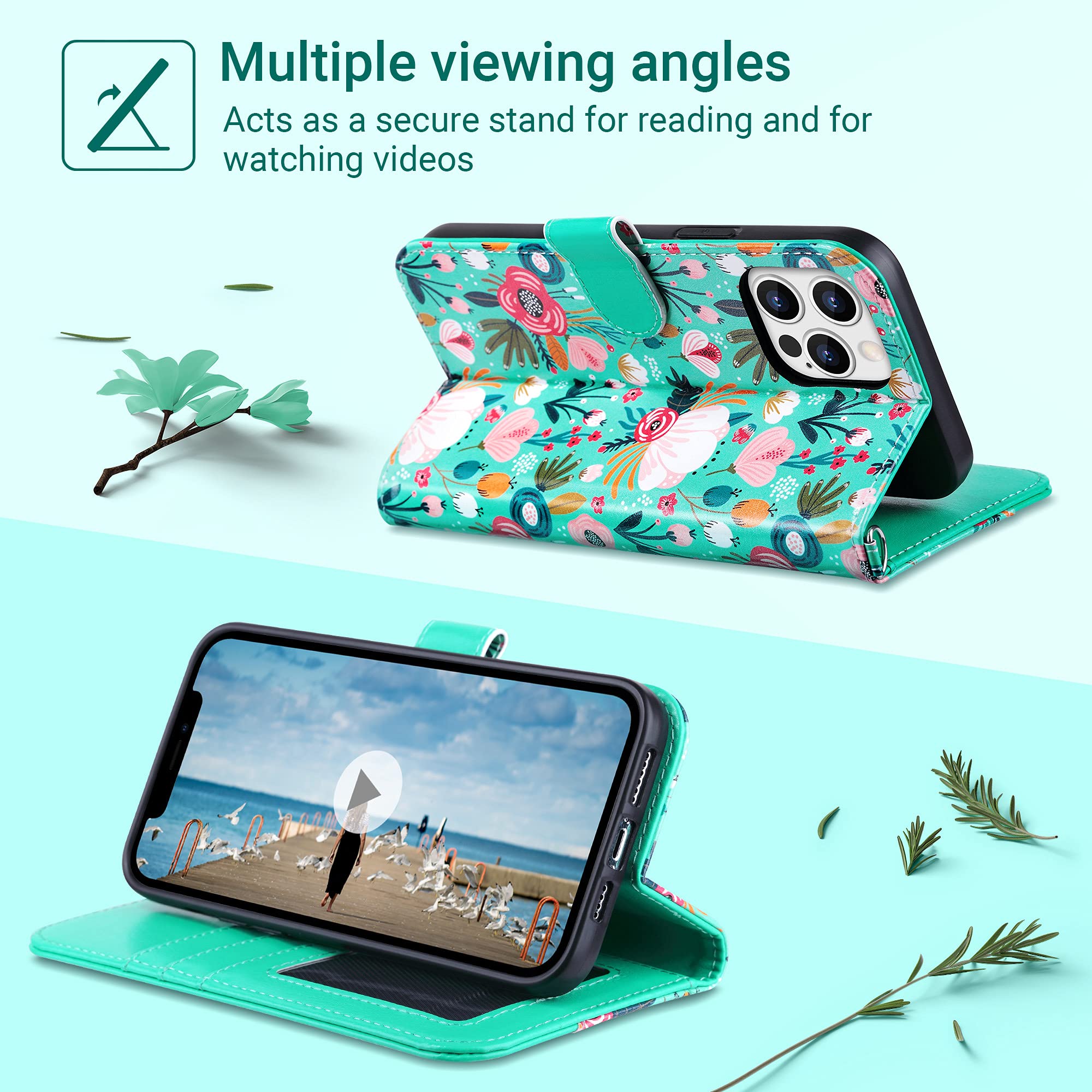 ULAK iPhone 13 Pro Max Wallet Case with Credit Card Holders - Flip PU Leather Kickstand Shockproof Protective Phone Cover for Women (6.7 inch, Mint Floral) - Perfect for Daily Use, Travel & Business Meetings
