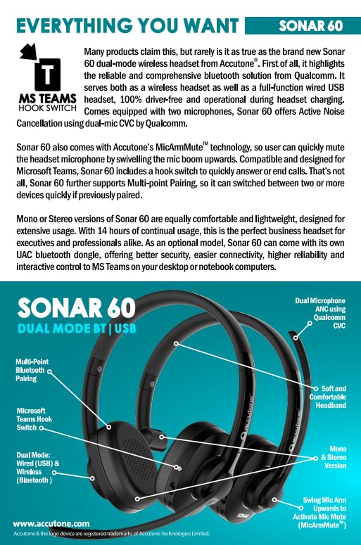 Sonar 60 Dual Bluetooth & USB Wired Headset - Noise Cancelling Mic, Long Battery Life for PC, Mac & Smartphones | Compatible with MS Teams, Skype, Zoom | Perfect for Remote Work, Online Meetings & Gaming
