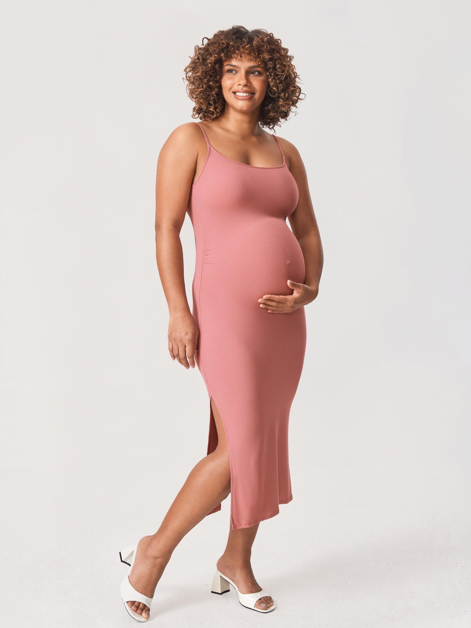 MOMANDA Women's Maternity Dress - Ribbed Spaghetti Strap Bodycon Pregnancy Dress with Square Neck | Comfortable & Stretchy for Baby Showers, Maternity Photos, and Everyday Wear